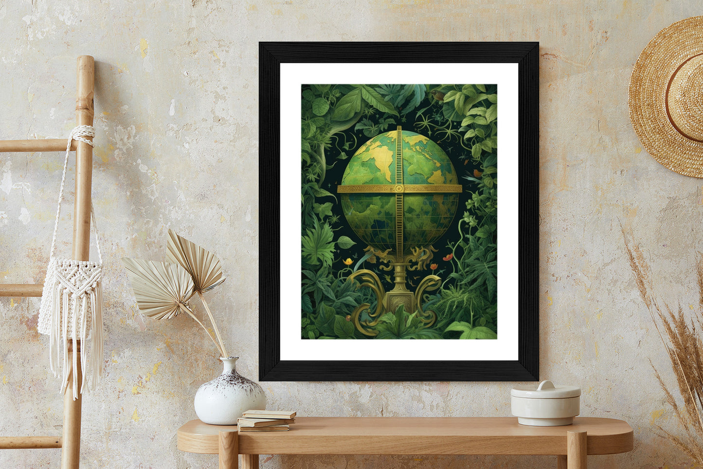 Poster Globus Mit Grünen Blättern Als Symbol Der Natur Rahmen Hölzern Farbe Weiß