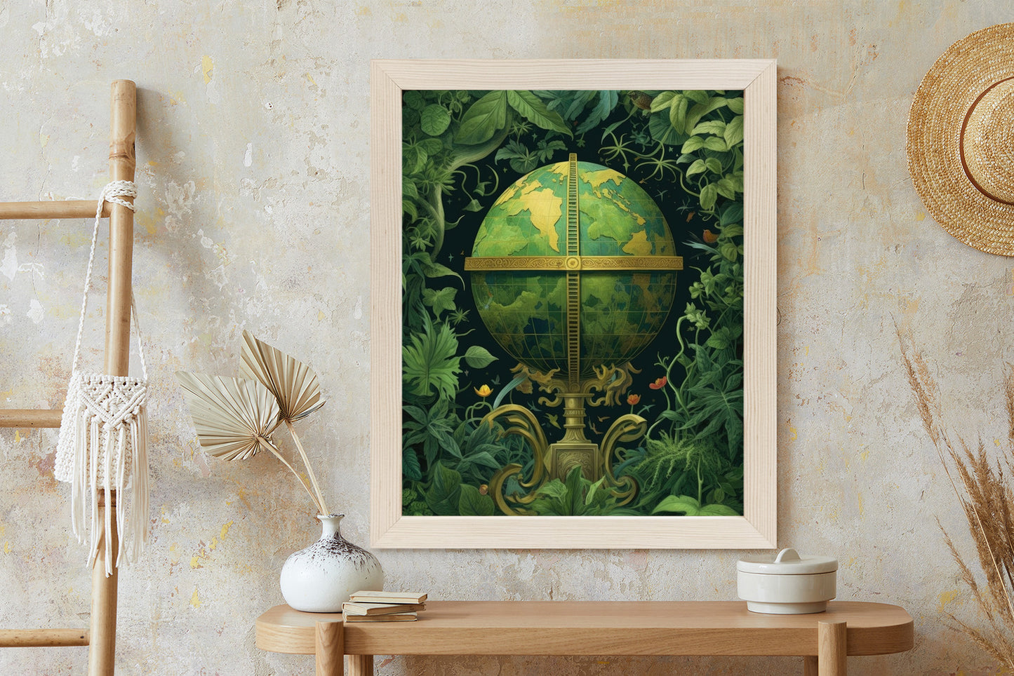Poster Globus Mit Grünen Blättern Als Symbol Der Natur Rahmen Hölzern Farbe Weiß