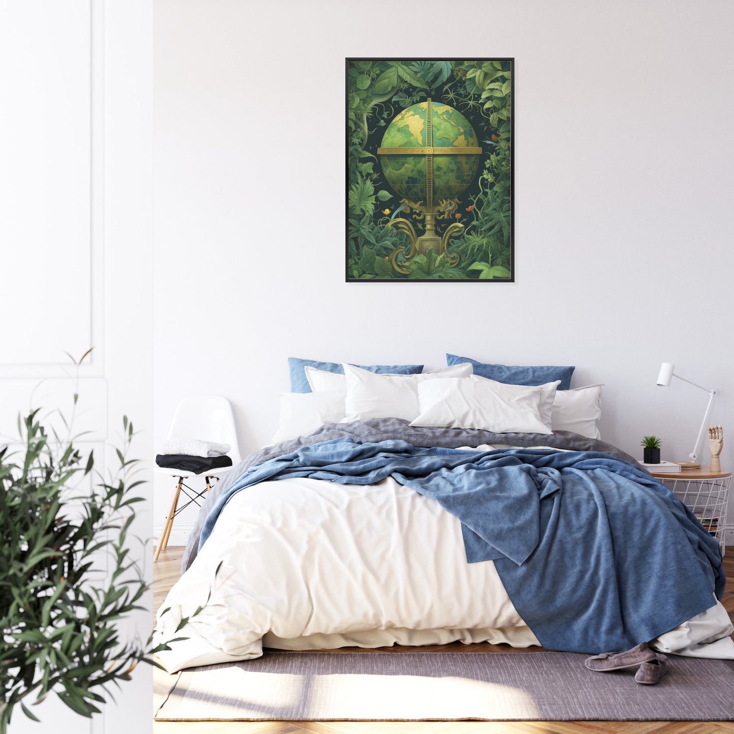 Poster Globus Mit Grünen Blättern Als Symbol Der Natur Rahmen Hölzern Farbe Weiß