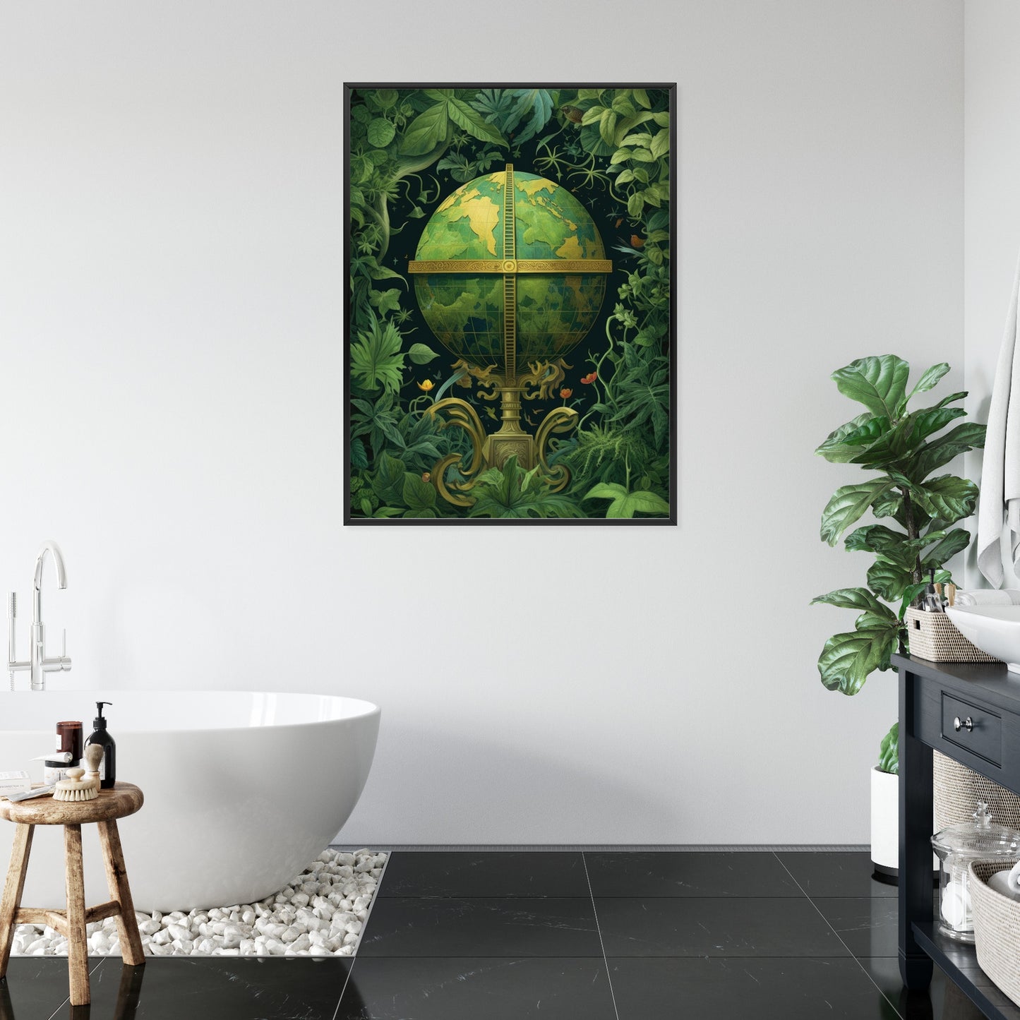 Poster Globus Mit Grünen Blättern Als Symbol Der Natur Rahmen Hölzern Farbe Weiß