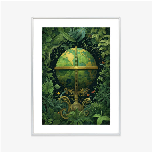 Poster Globus Mit Grünen Blättern Als Symbol Der Natur Rahmen Hölzern Farbe Weiß