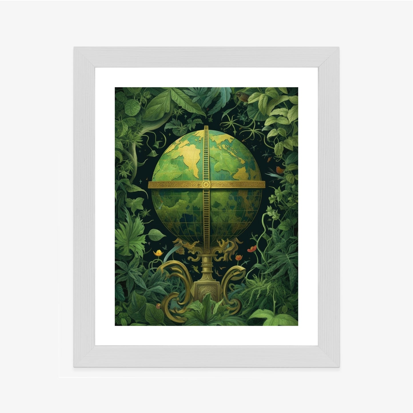Poster Globus Mit Grünen Blättern Als Symbol Der Natur Rahmen Hölzern Farbe Weiß