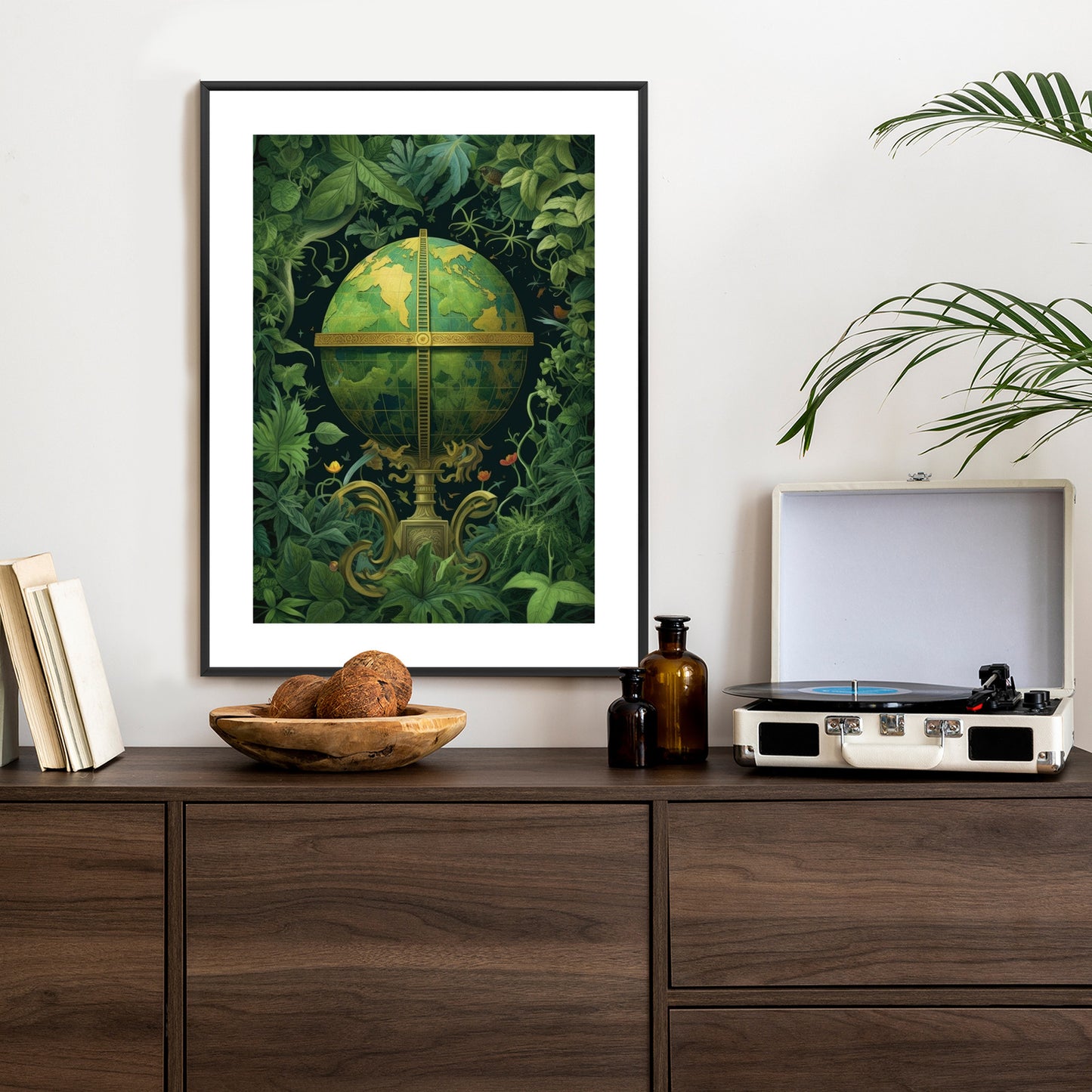Poster Globus Mit Grünen Blättern Als Symbol Der Natur Rahmen Hölzern Farbe Weiß