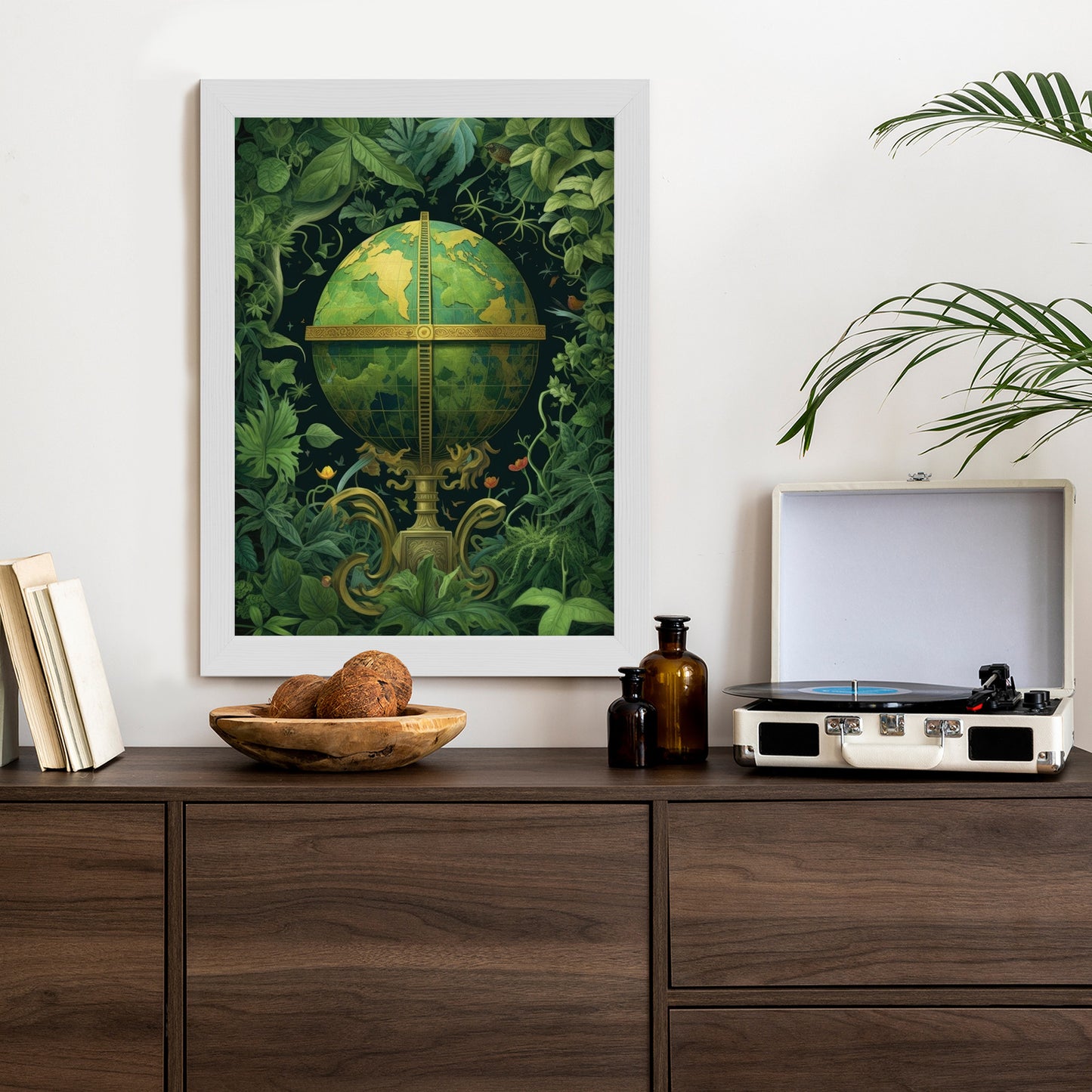 Poster Globus Mit Grünen Blättern Als Symbol Der Natur Rahmen Hölzern Farbe Weiß