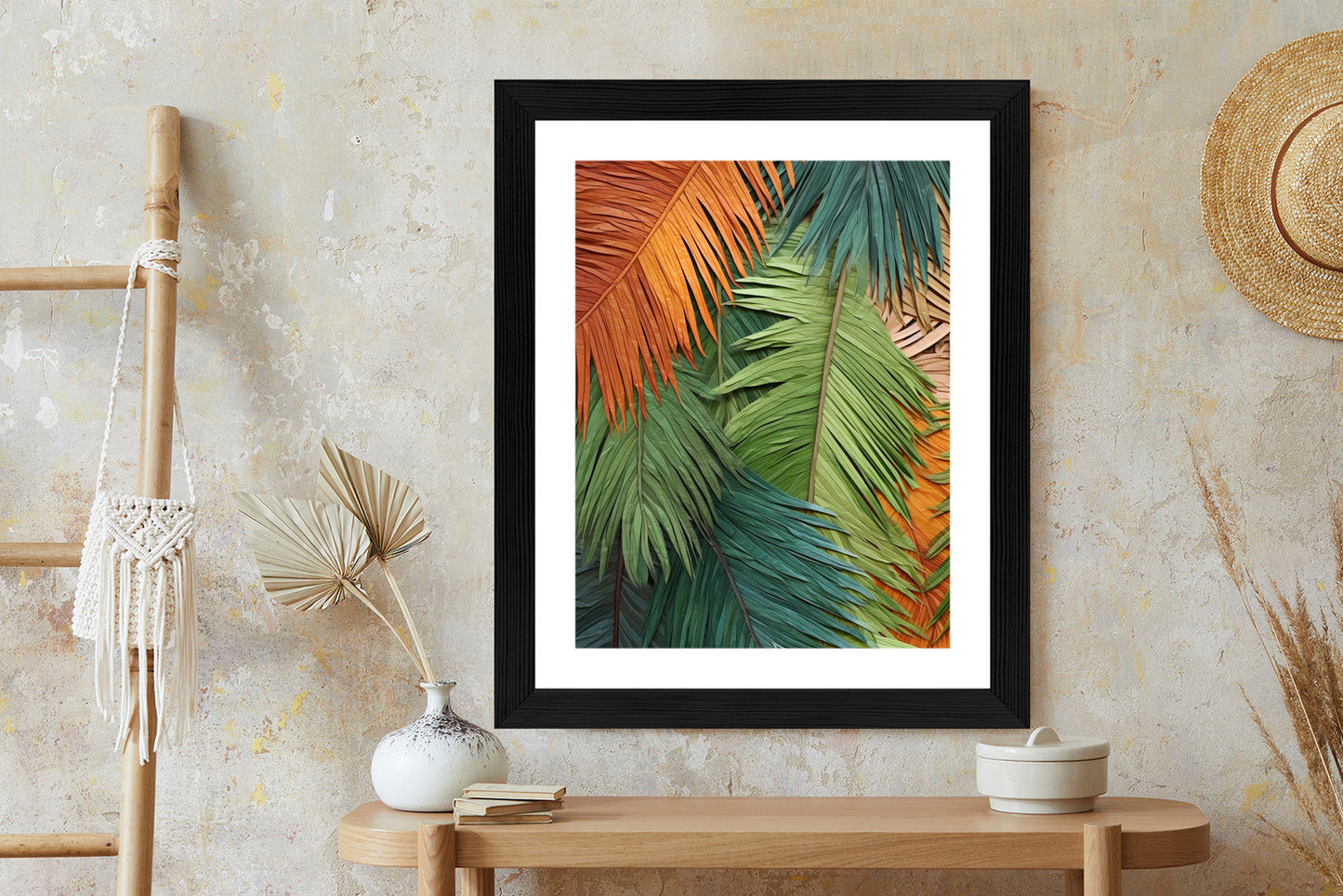Poster Bunte Palmblätter Aus Geschnittenem Papier Rahmen Holz Mit Passepartout Farbe Natürlich