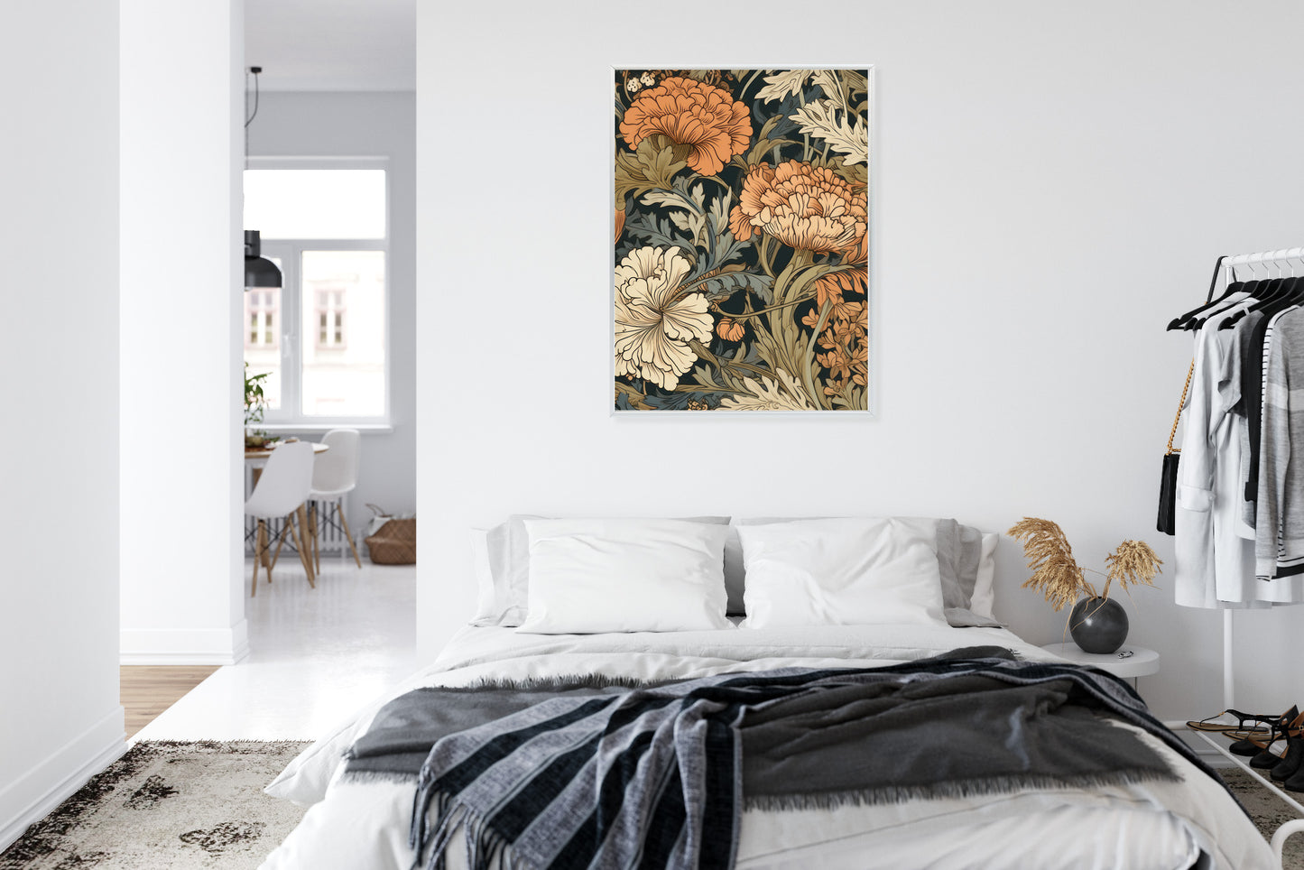 Poster Retro-Vintage-Blumen Und Blätter Rahmen Holz Mit Passepartout Farbe Natürlich