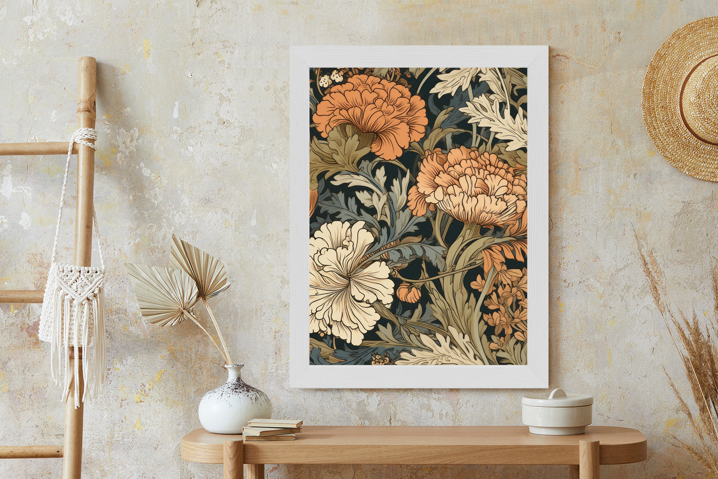 Poster Retro-Vintage-Blumen Und Blätter Rahmen Holz Mit Passepartout Farbe Natürlich