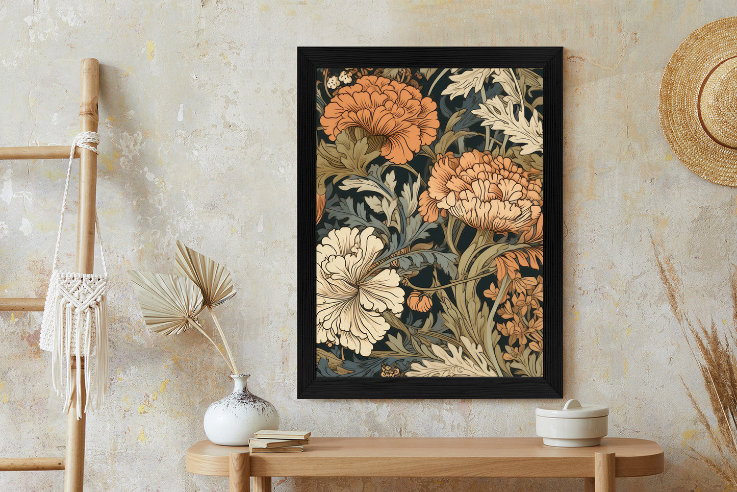 Poster Retro-Vintage-Blumen Und Blätter Rahmen Holz Mit Passepartout Farbe Natürlich