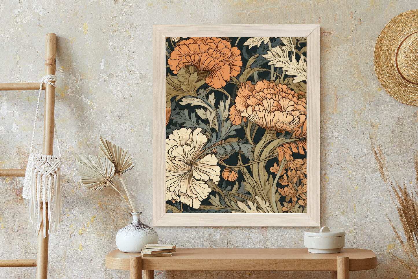 Poster Retro-Vintage-Blumen Und Blätter Rahmen Holz Mit Passepartout Farbe Natürlich