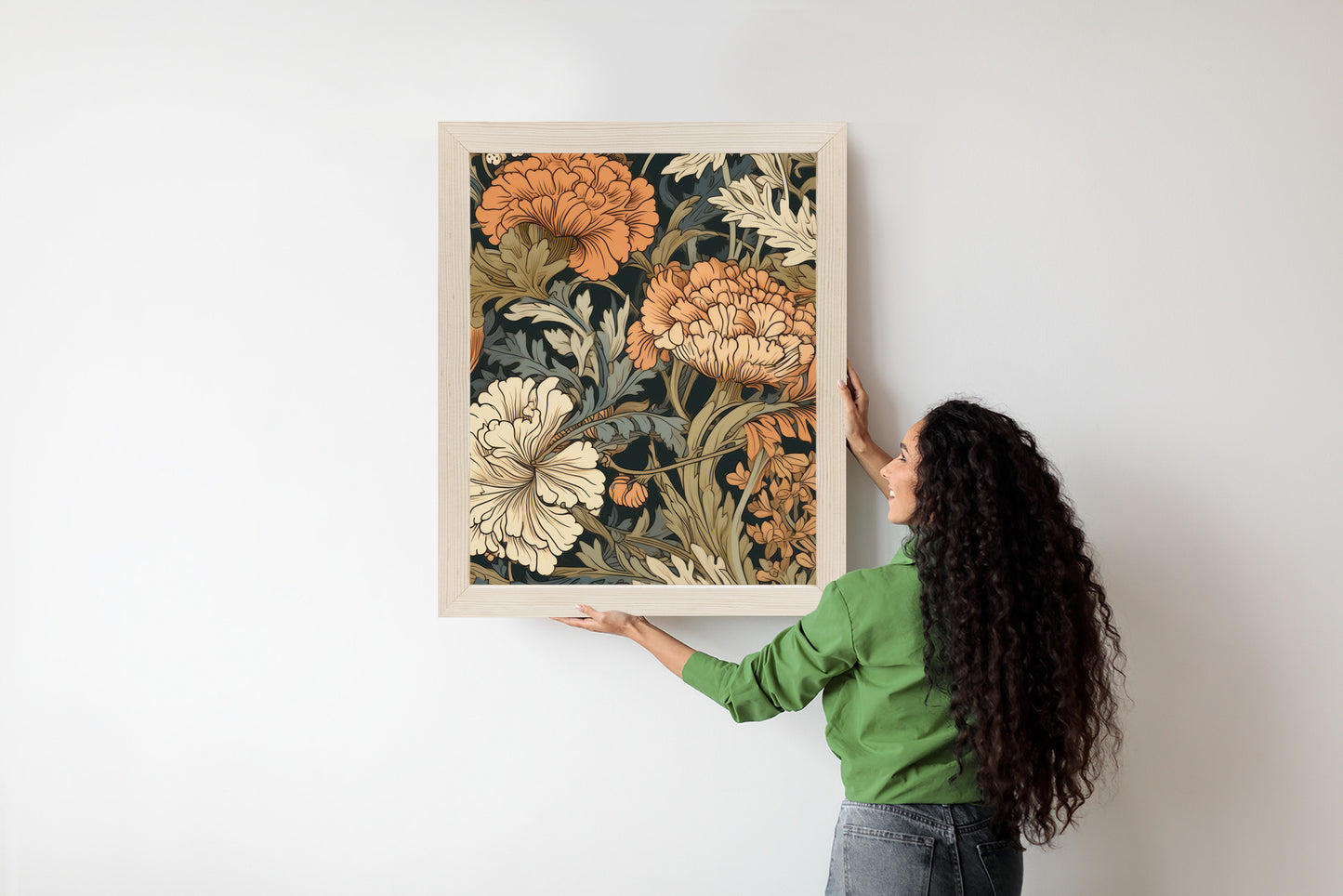 Poster Retro-Vintage-Blumen Und Blätter Rahmen Holz Mit Passepartout Farbe Natürlich