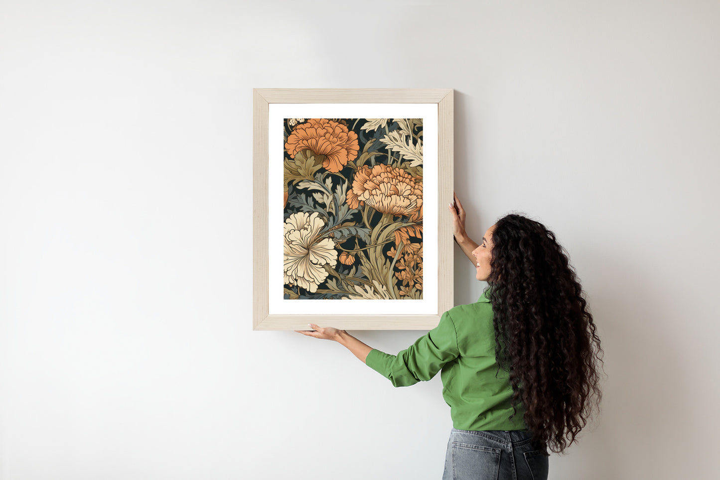 Poster Retro-Vintage-Blumen Und Blätter Rahmen Holz Mit Passepartout Farbe Natürlich