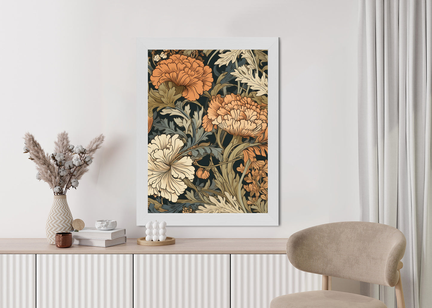 Poster Retro-Vintage-Blumen Und Blätter Rahmen Holz Mit Passepartout Farbe Natürlich