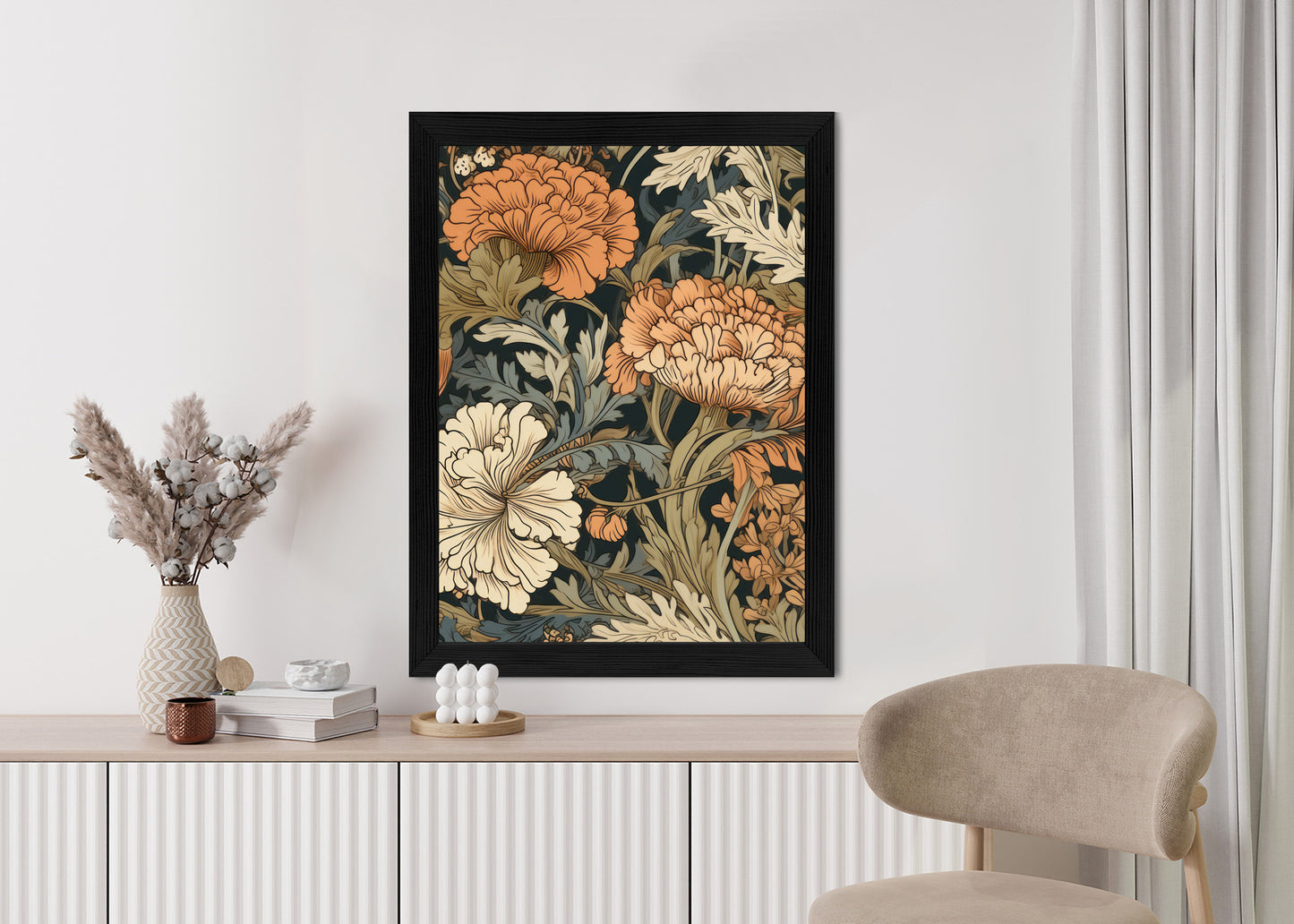 Poster Retro-Vintage-Blumen Und Blätter Rahmen Holz Mit Passepartout Farbe Natürlich