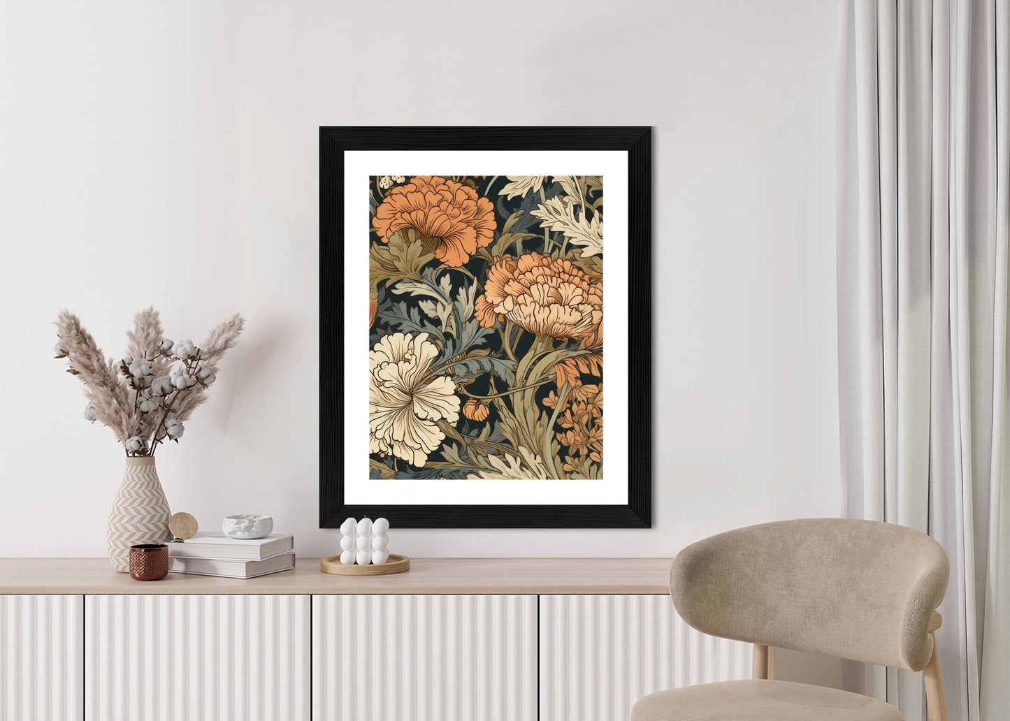 Poster Retro-Vintage-Blumen Und Blätter Rahmen Holz Mit Passepartout Farbe Natürlich