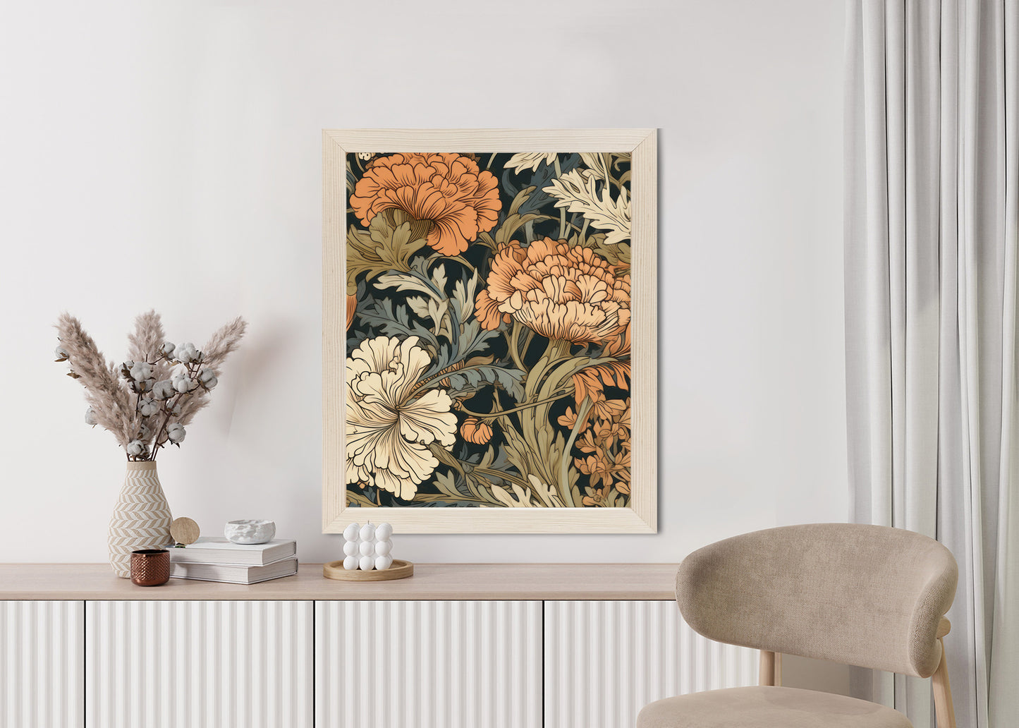 Poster Retro-Vintage-Blumen Und Blätter Rahmen Holz Mit Passepartout Farbe Natürlich