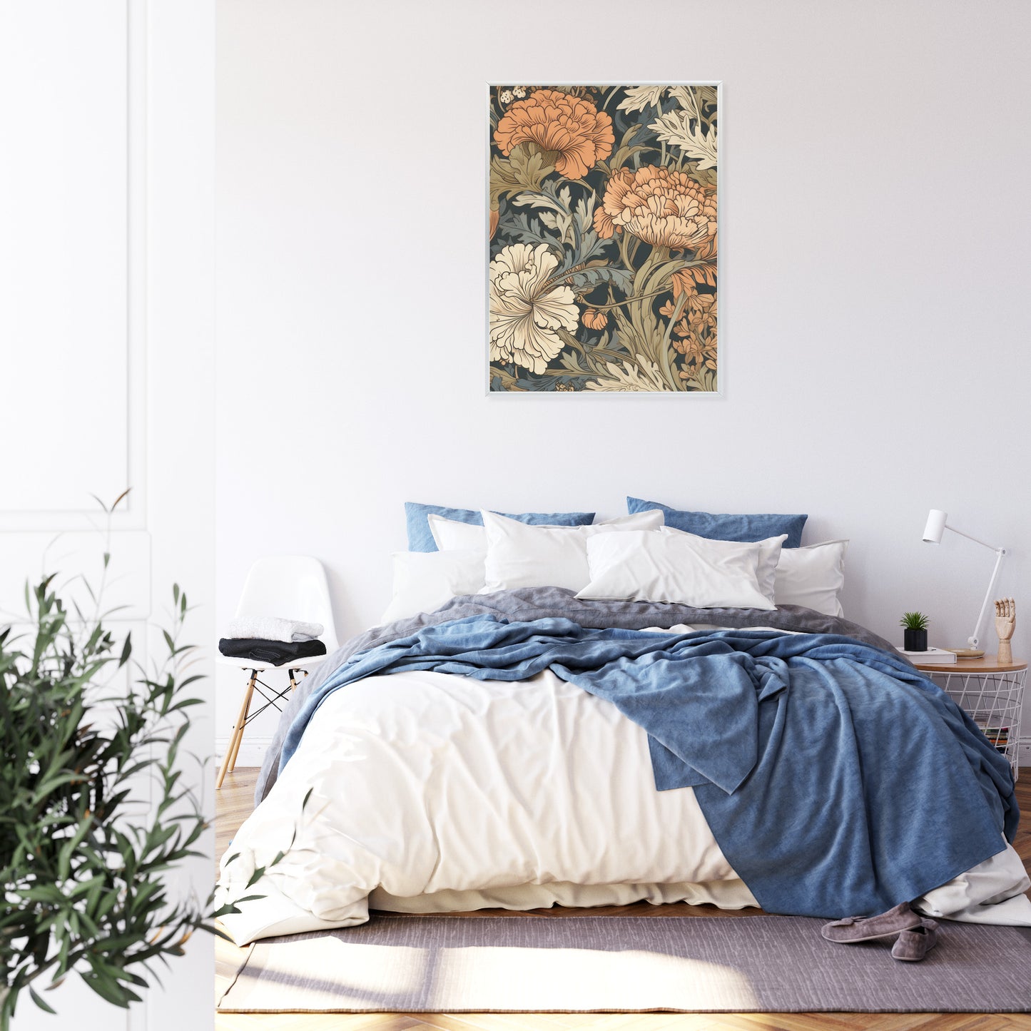 Poster Retro-Vintage-Blumen Und Blätter Rahmen Holz Mit Passepartout Farbe Natürlich