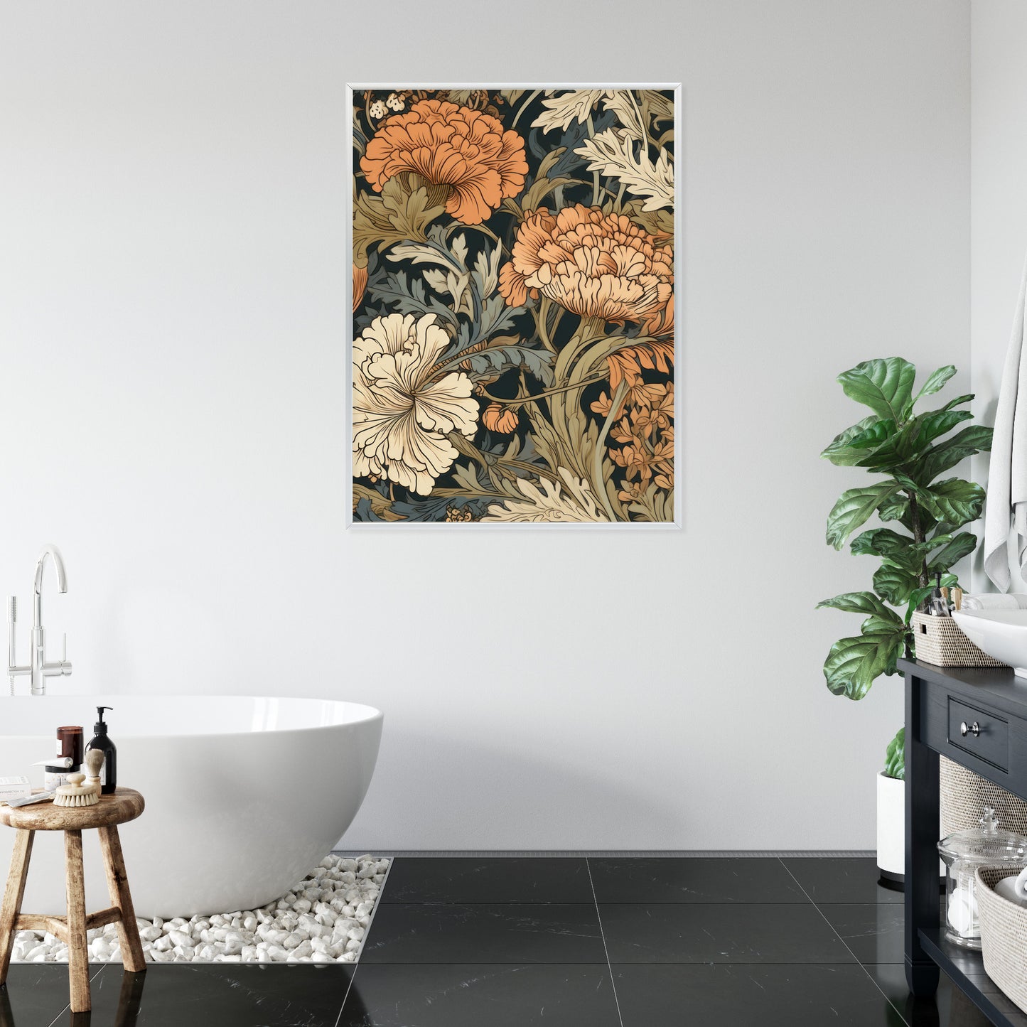 Poster Retro-Vintage-Blumen Und Blätter Rahmen Holz Mit Passepartout Farbe Natürlich