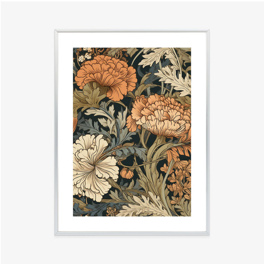 Poster Retro-Vintage-Blumen Und Blätter Rahmen Holz Mit Passepartout Farbe Natürlich
