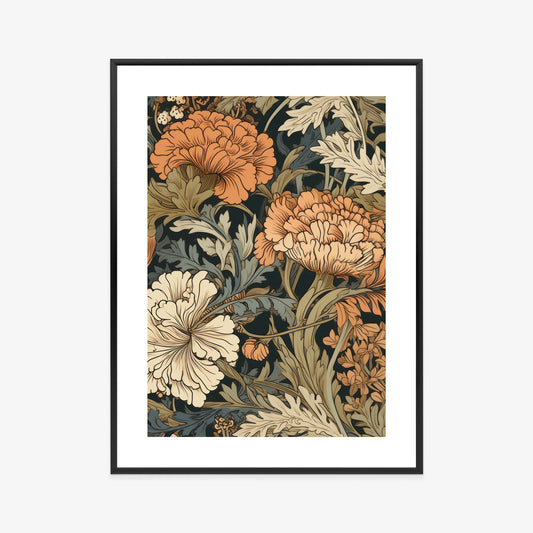 Poster Retro-Vintage-Blumen Und Blätter Rahmen Holz Mit Passepartout Farbe Natürlich