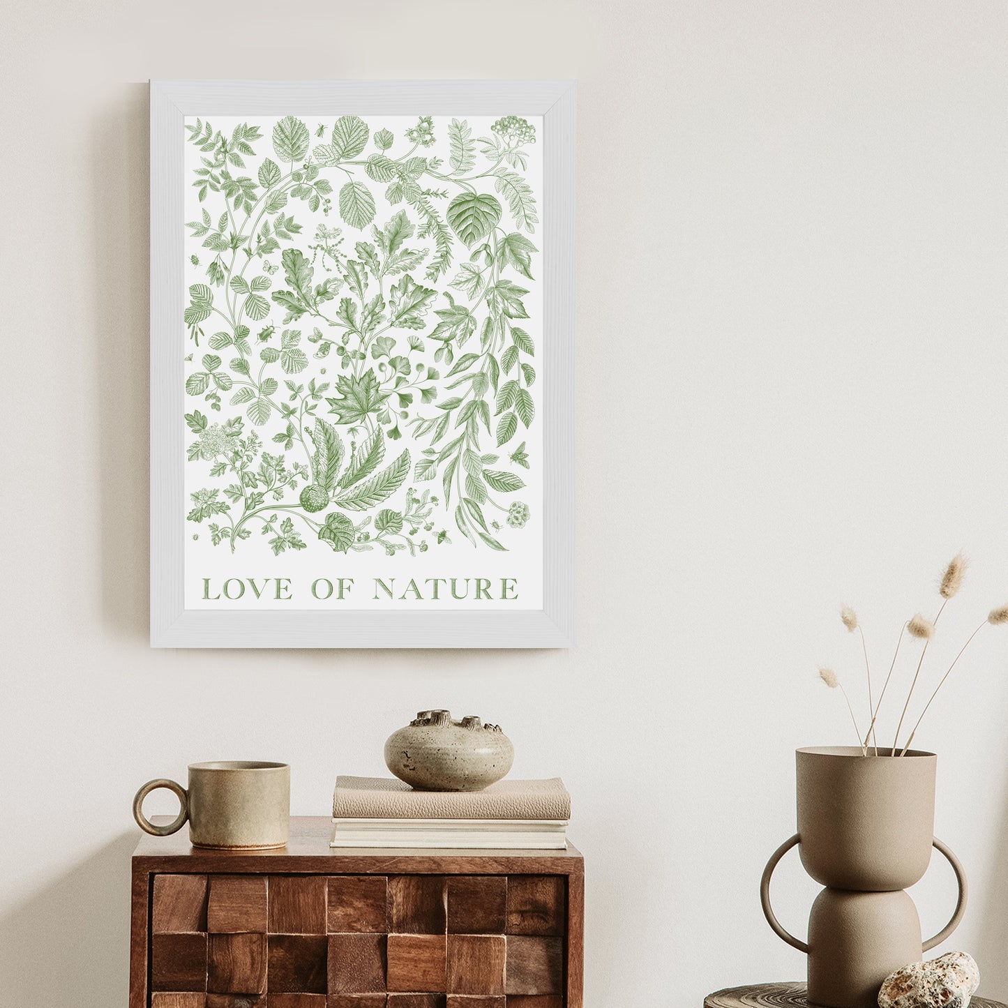 Poster Gezeichnete Naturblätter In Grünen Farben Rahmen Holz Mit Passepartout Farbe Natürlich