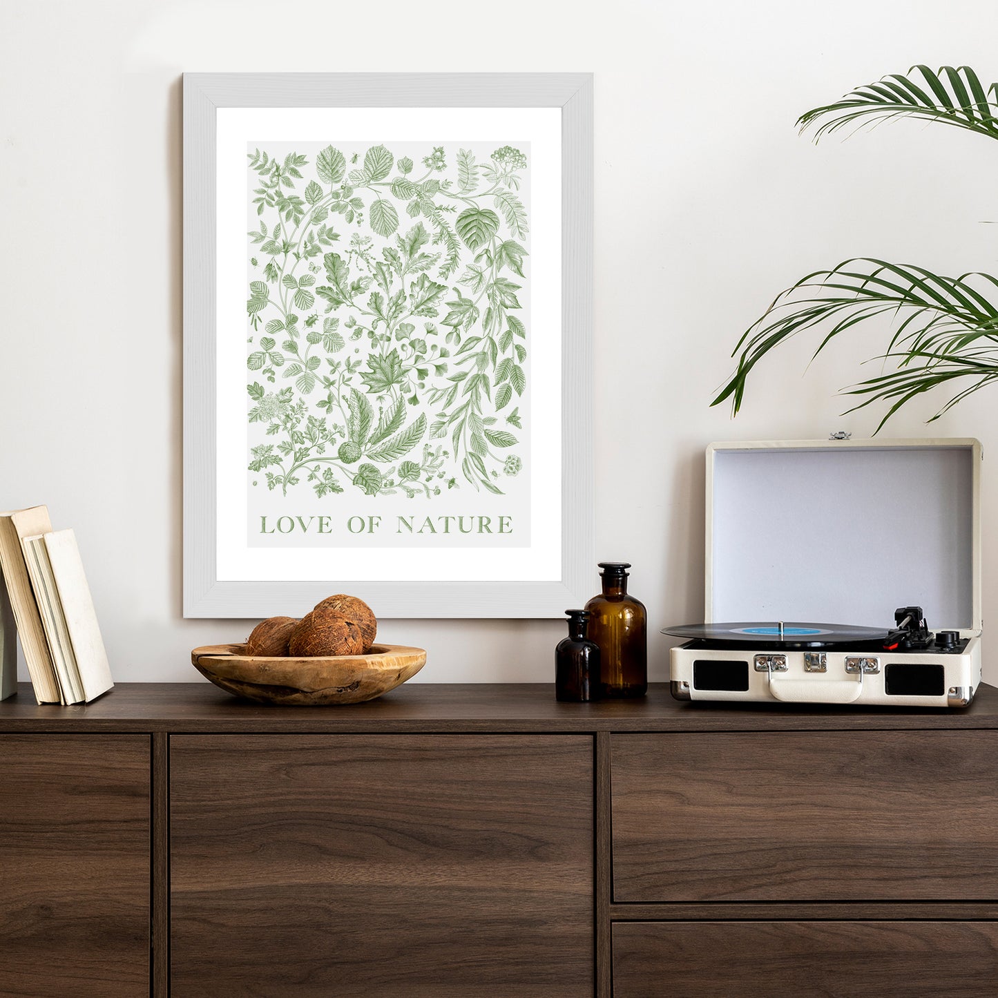Poster Gezeichnete Naturblätter In Grünen Farben Rahmen Holz Mit Passepartout Farbe Natürlich