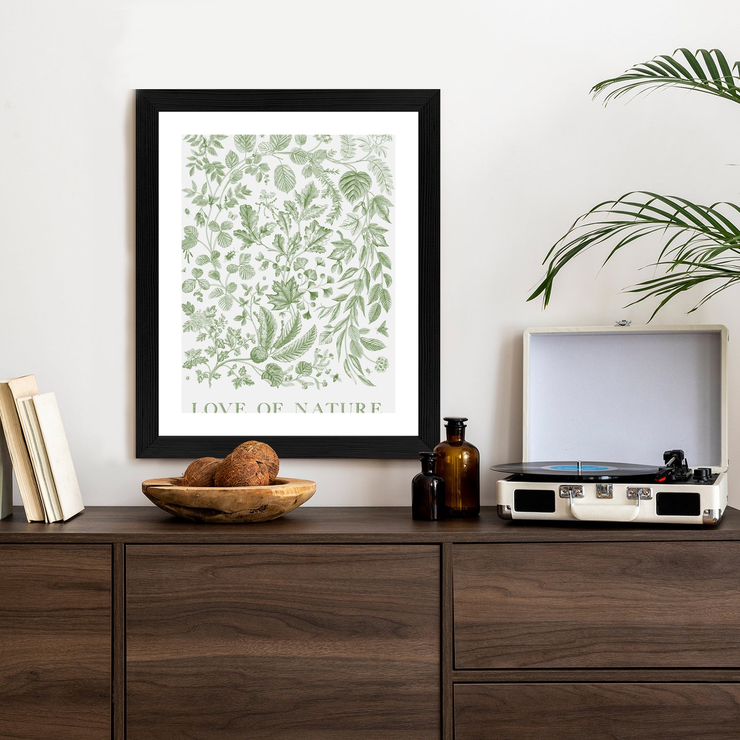 Poster Gezeichnete Naturblätter In Grünen Farben Rahmen Holz Mit Passepartout Farbe Natürlich