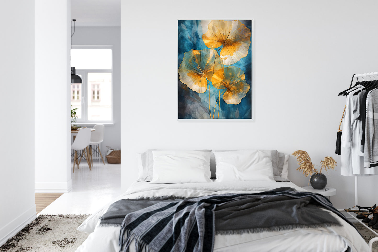 Poster Abstrakte Goldene Blätter Auf Blauem Hintergrund Rahmen Holz Mit Passepartout Farbe Natürlich