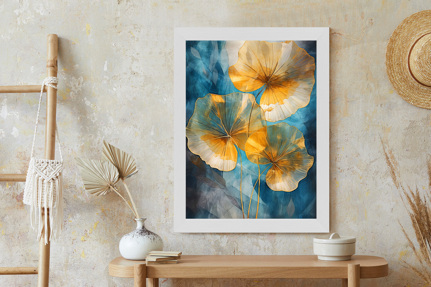 Poster Abstrakte Goldene Blätter Auf Blauem Hintergrund Rahmen Holz Mit Passepartout Farbe Natürlich