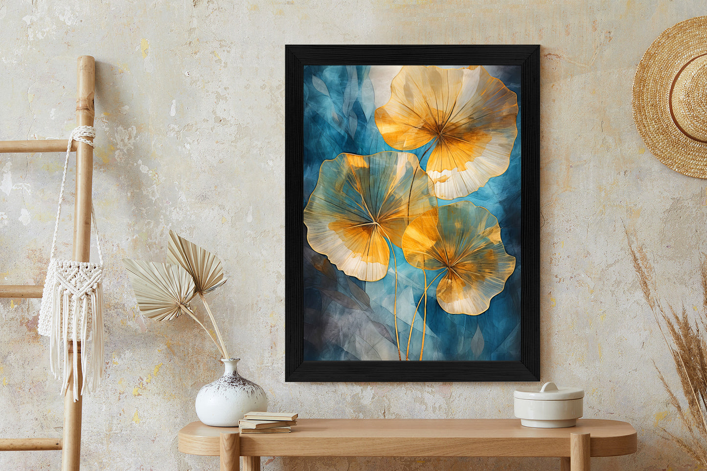 Poster Abstrakte Goldene Blätter Auf Blauem Hintergrund Rahmen Holz Mit Passepartout Farbe Natürlich