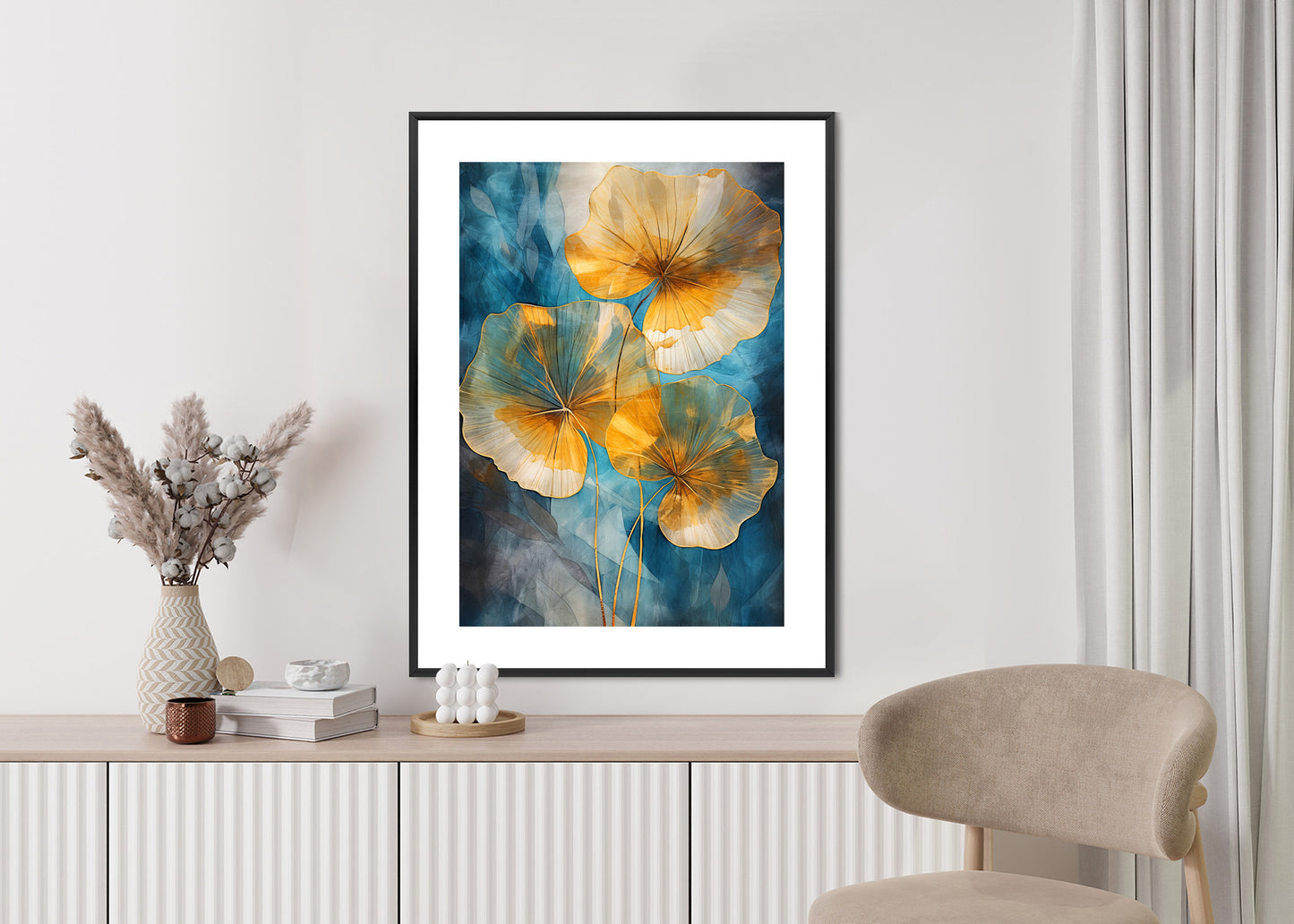 Poster Abstrakte Goldene Blätter Auf Blauem Hintergrund Rahmen Holz Mit Passepartout Farbe Natürlich