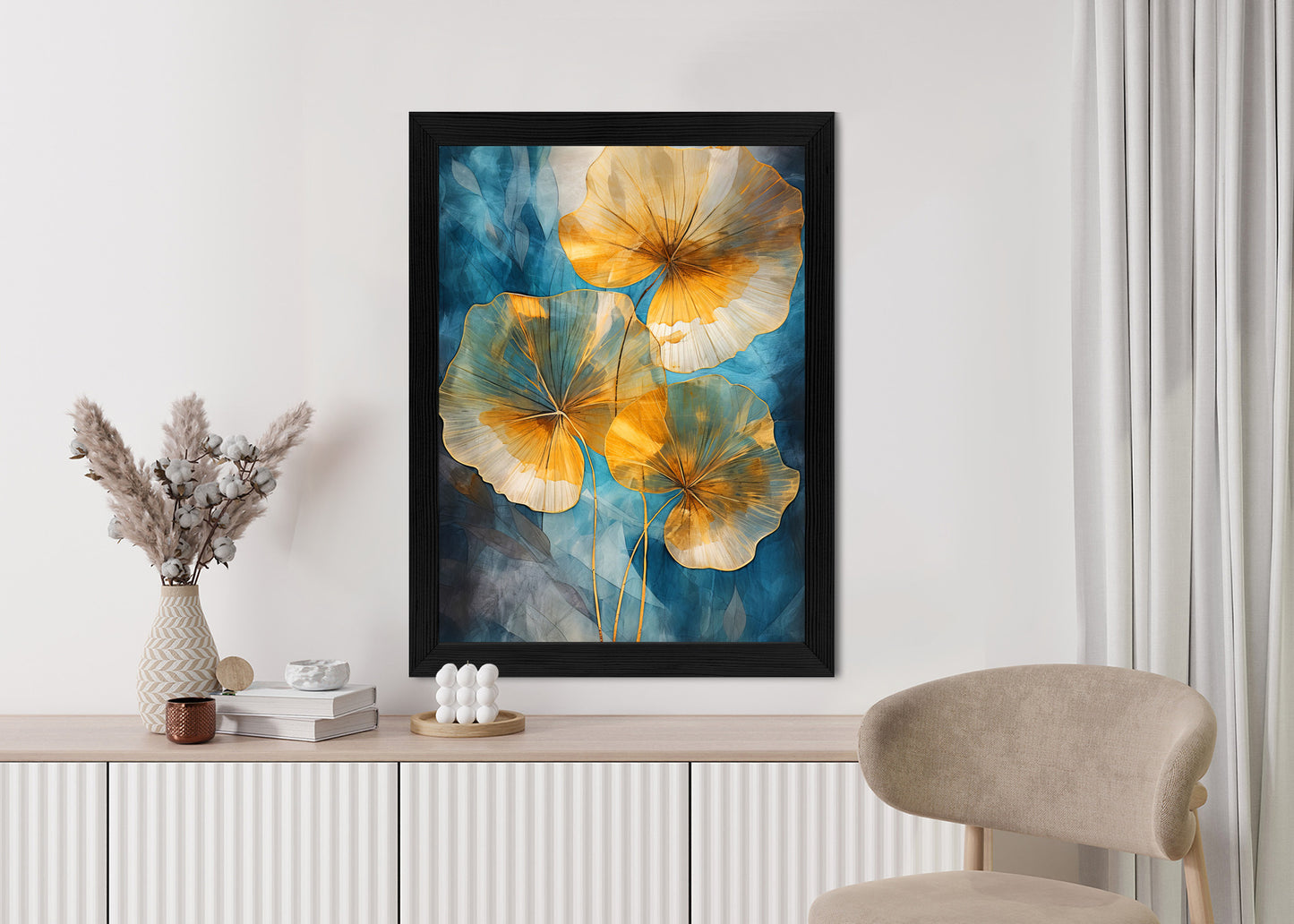 Poster Abstrakte Goldene Blätter Auf Blauem Hintergrund Rahmen Holz Mit Passepartout Farbe Natürlich