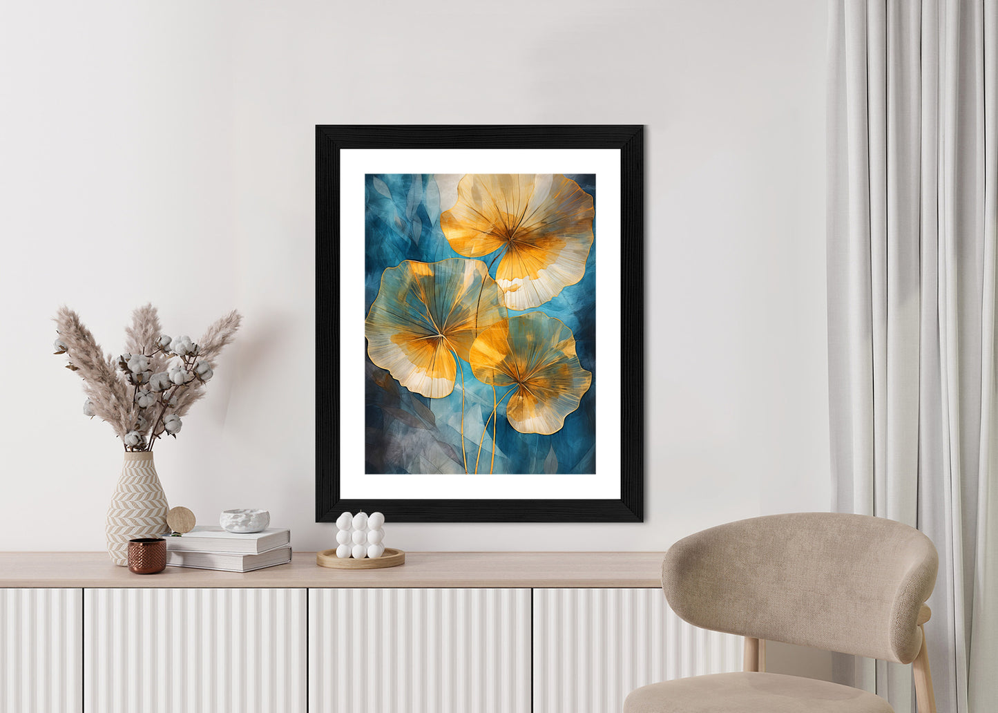 Poster Abstrakte Goldene Blätter Auf Blauem Hintergrund Rahmen Holz Mit Passepartout Farbe Natürlich