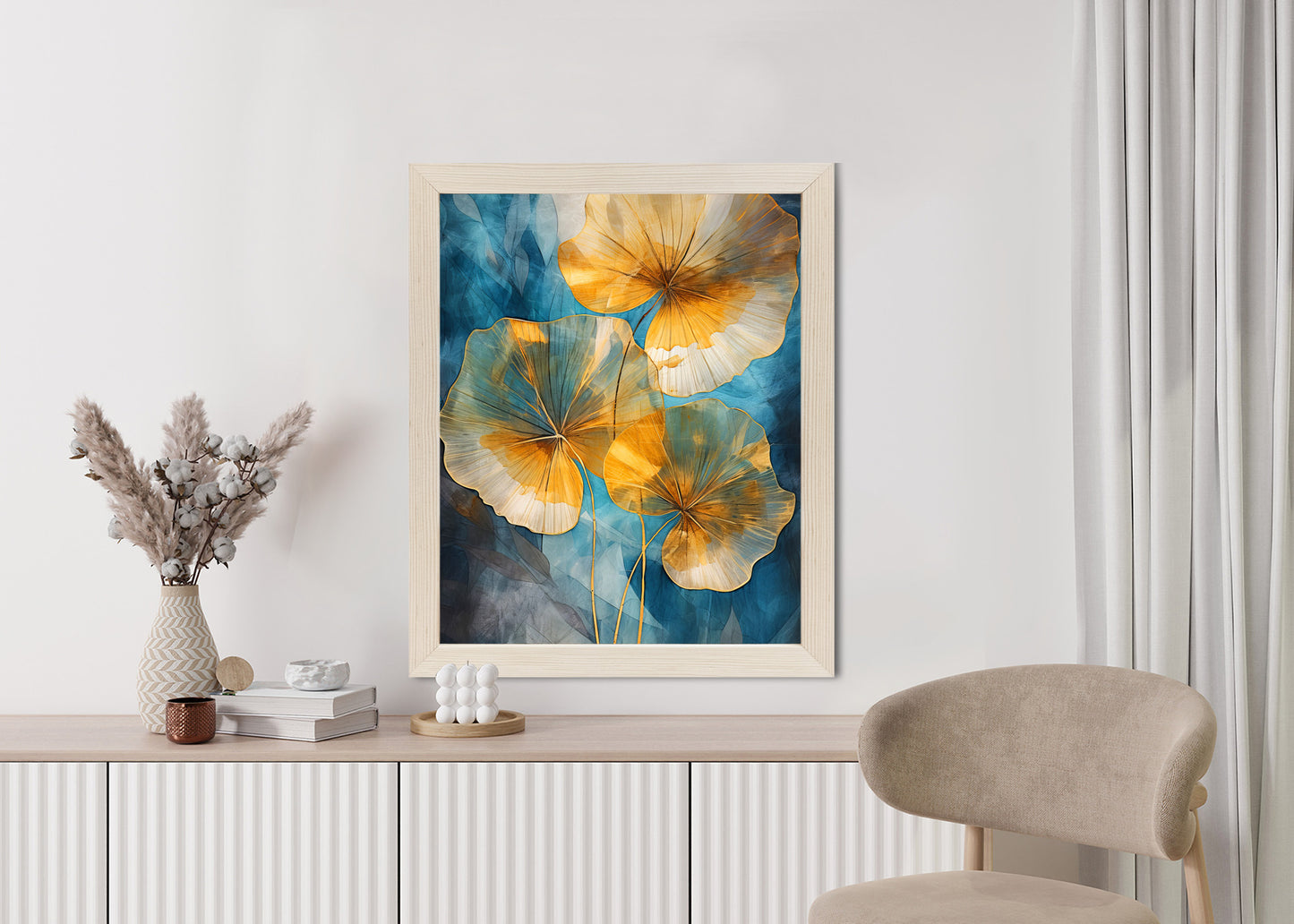 Poster Abstrakte Goldene Blätter Auf Blauem Hintergrund Rahmen Holz Mit Passepartout Farbe Natürlich