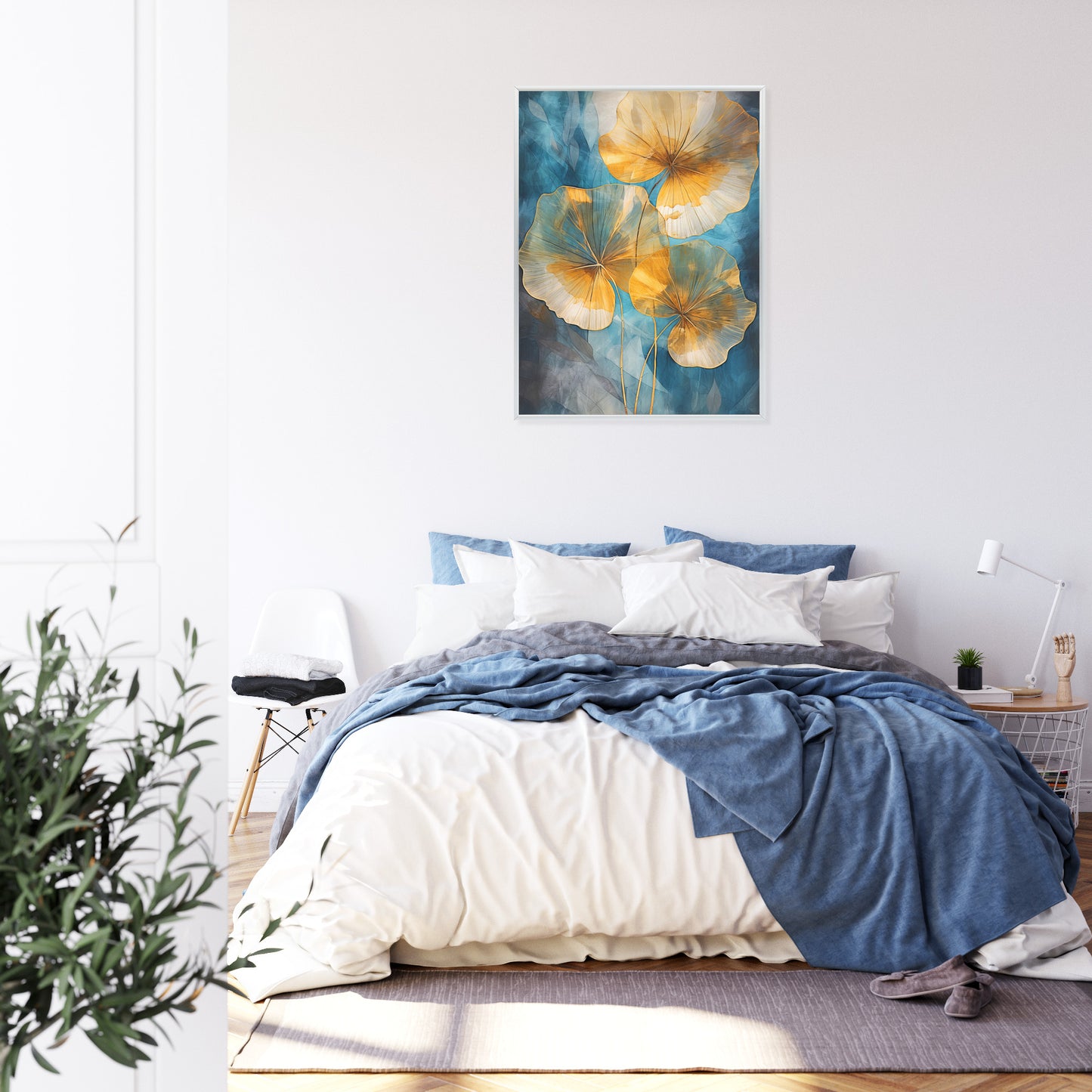 Poster Abstrakte Goldene Blätter Auf Blauem Hintergrund Rahmen Holz Mit Passepartout Farbe Natürlich