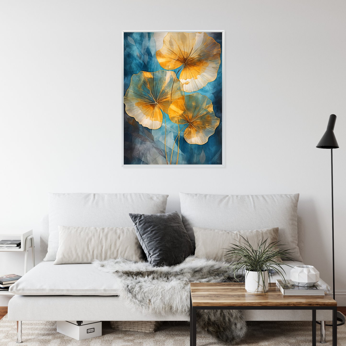 Poster Abstrakte Goldene Blätter Auf Blauem Hintergrund Rahmen Holz Mit Passepartout Farbe Natürlich