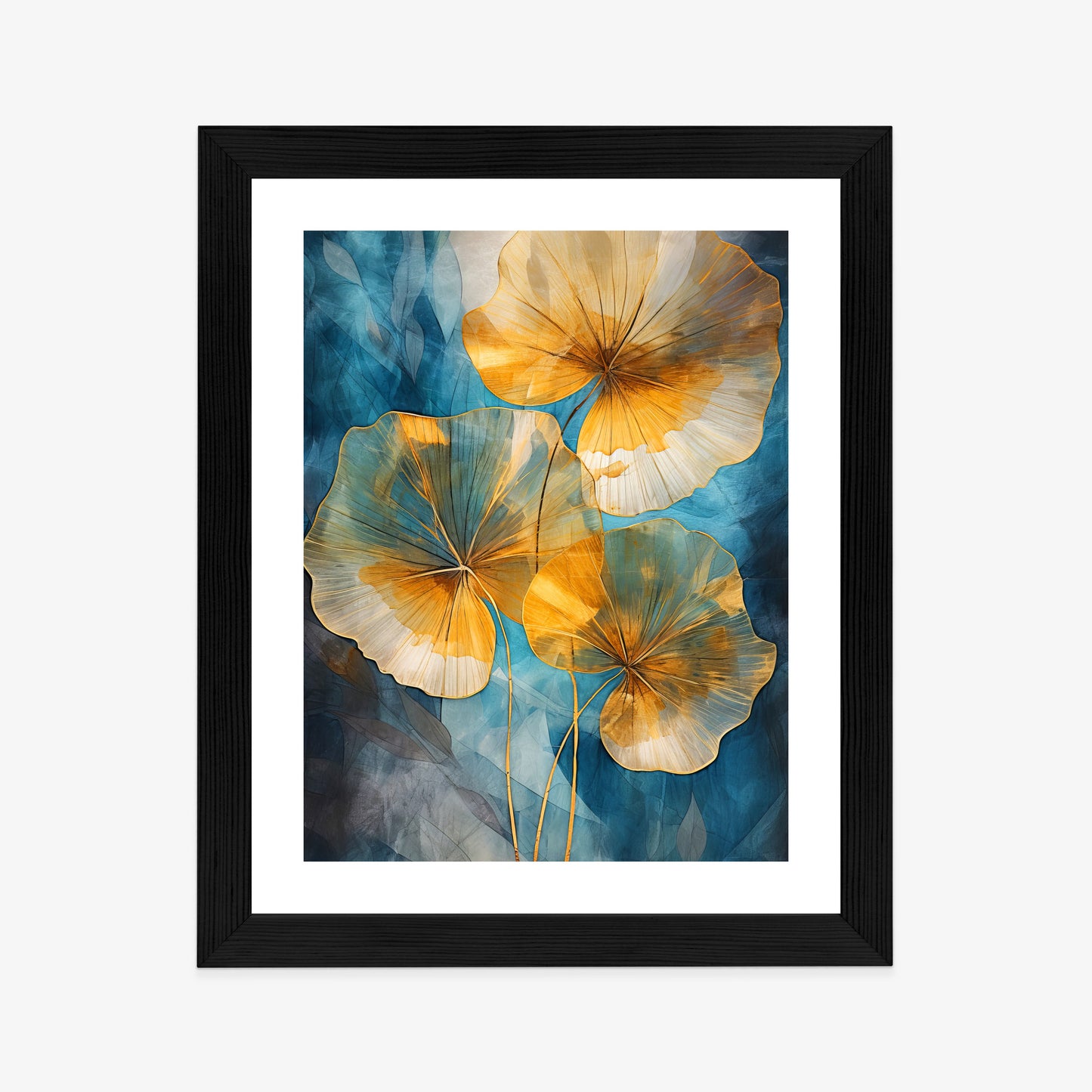 Poster Abstrakte Goldene Blätter Auf Blauem Hintergrund Rahmen Holz Mit Passepartout Farbe Natürlich