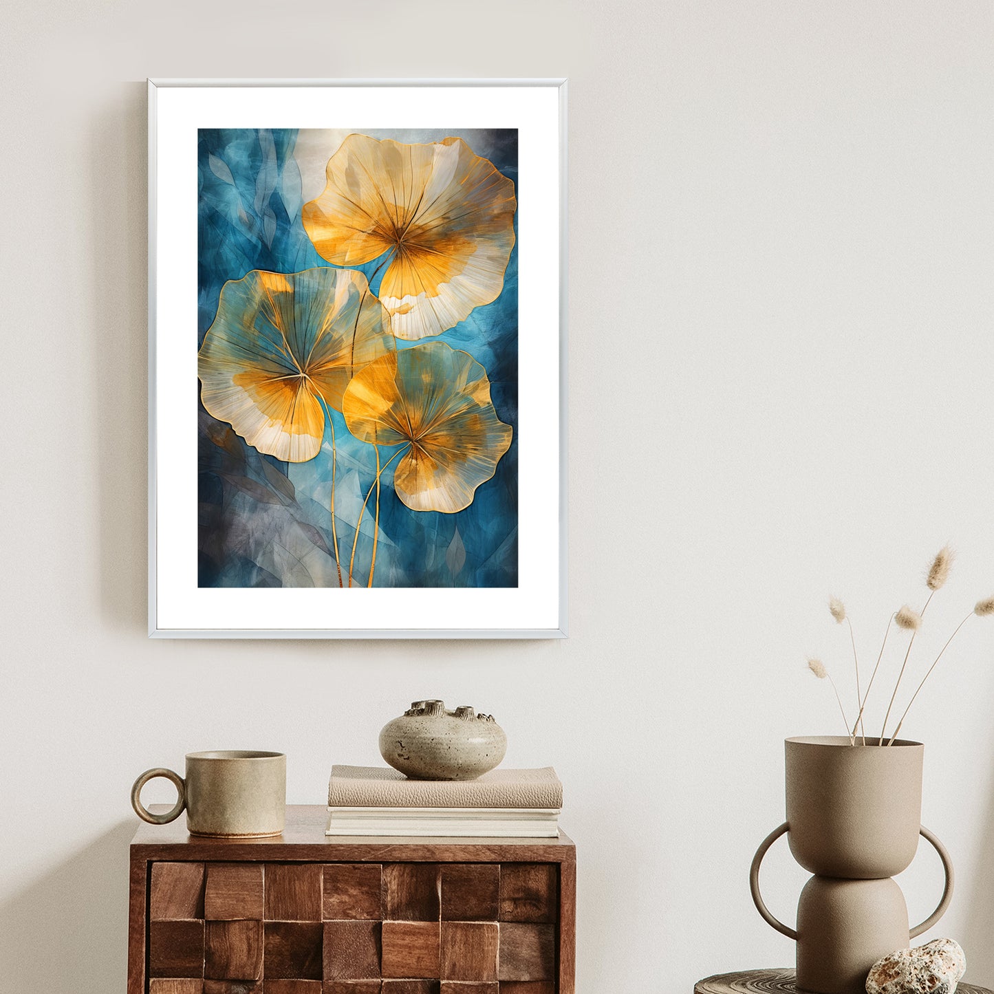 Poster Abstrakte Goldene Blätter Auf Blauem Hintergrund Rahmen Holz Mit Passepartout Farbe Natürlich