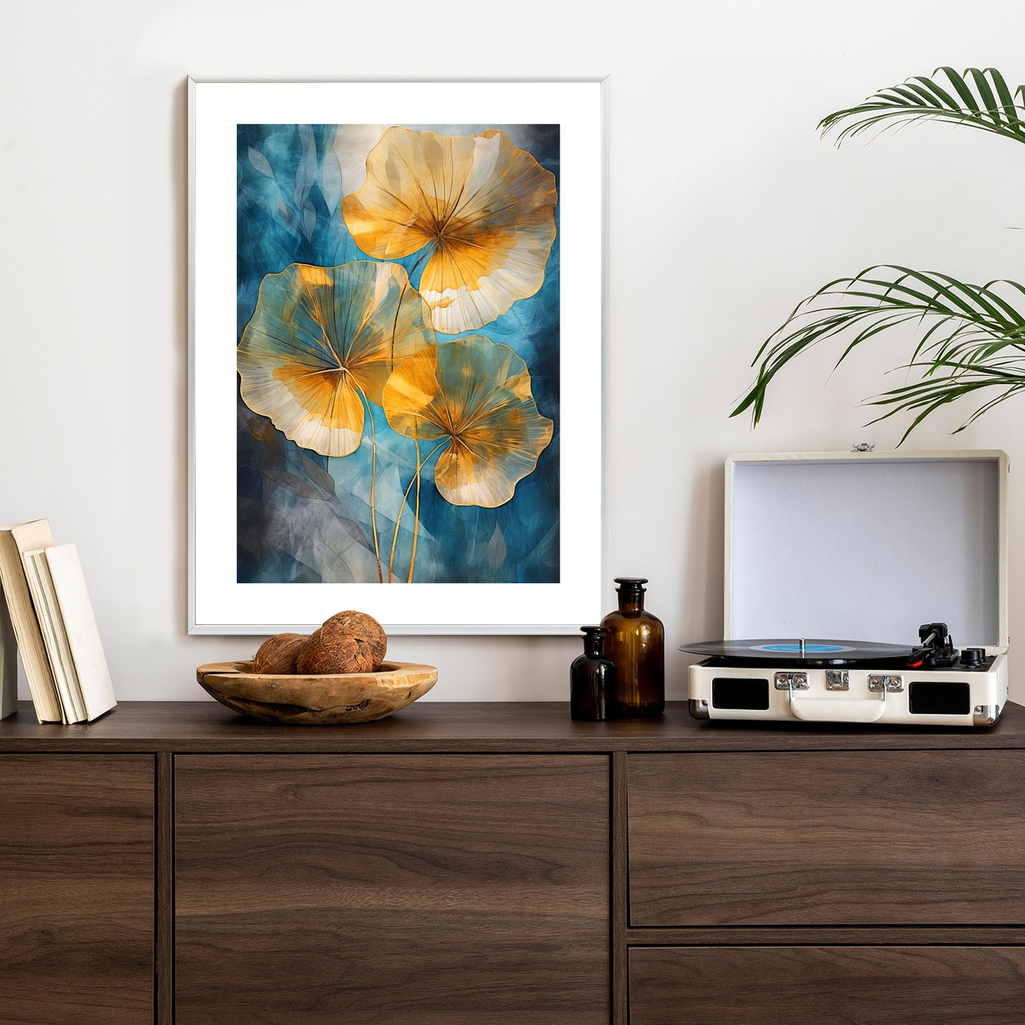 Poster Abstrakte Goldene Blätter Auf Blauem Hintergrund Rahmen Holz Mit Passepartout Farbe Natürlich