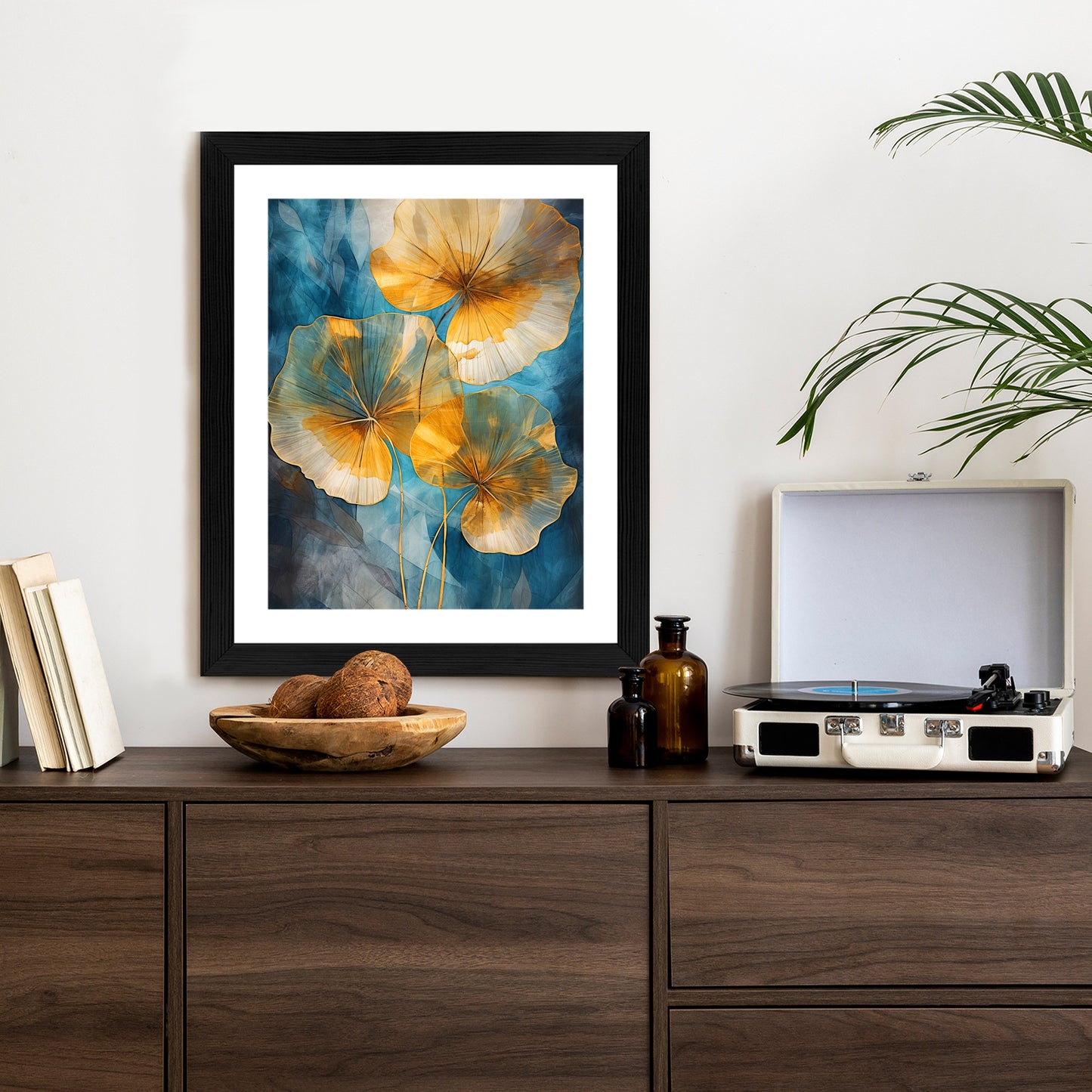 Poster Abstrakte Goldene Blätter Auf Blauem Hintergrund Rahmen Holz Mit Passepartout Farbe Natürlich
