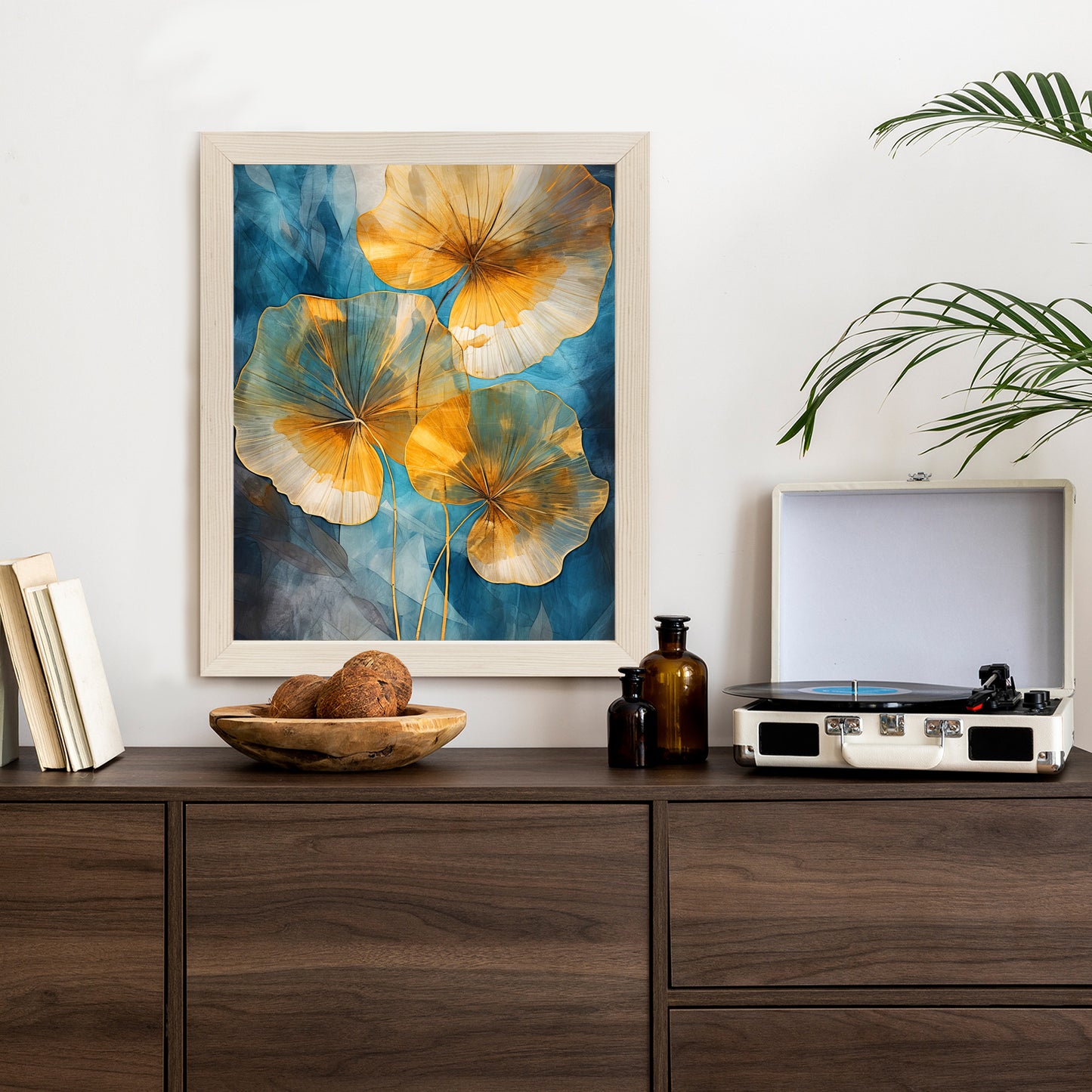 Poster Abstrakte Goldene Blätter Auf Blauem Hintergrund Rahmen Holz Mit Passepartout Farbe Natürlich
