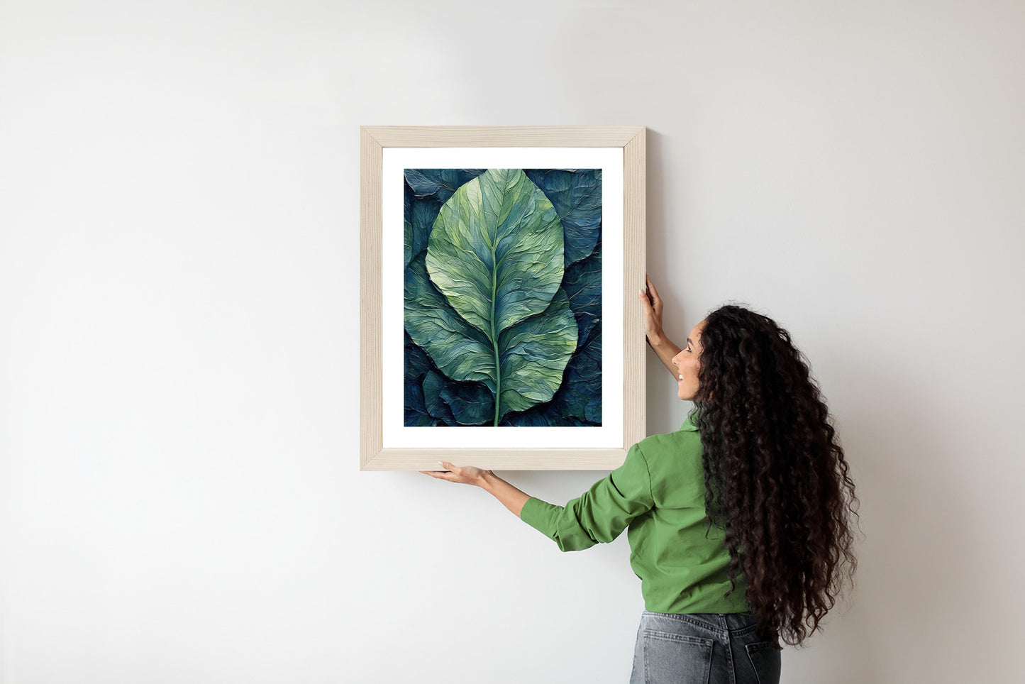 Poster Natur Abstraktes Grünes Blatt Rahmen Holz Mit Passepartout Farbe Natürlich