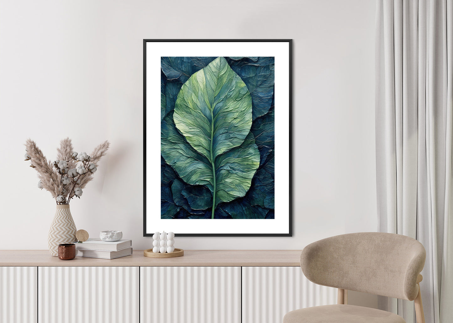 Poster Natur Abstraktes Grünes Blatt Rahmen Holz Mit Passepartout Farbe Natürlich