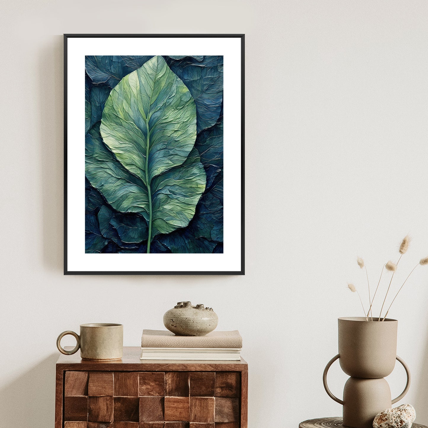 Poster Natur Abstraktes Grünes Blatt Rahmen Holz Mit Passepartout Farbe Natürlich