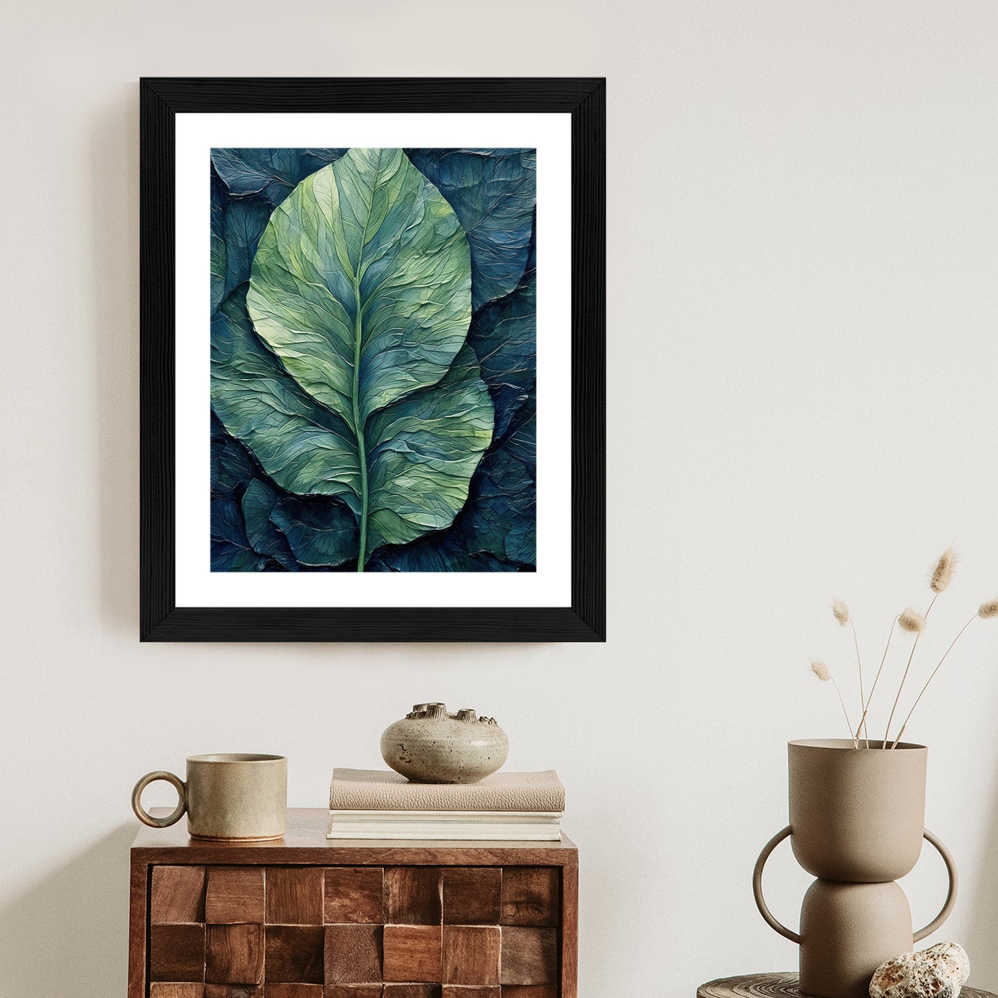 Poster Natur Abstraktes Grünes Blatt Rahmen Holz Mit Passepartout Farbe Natürlich