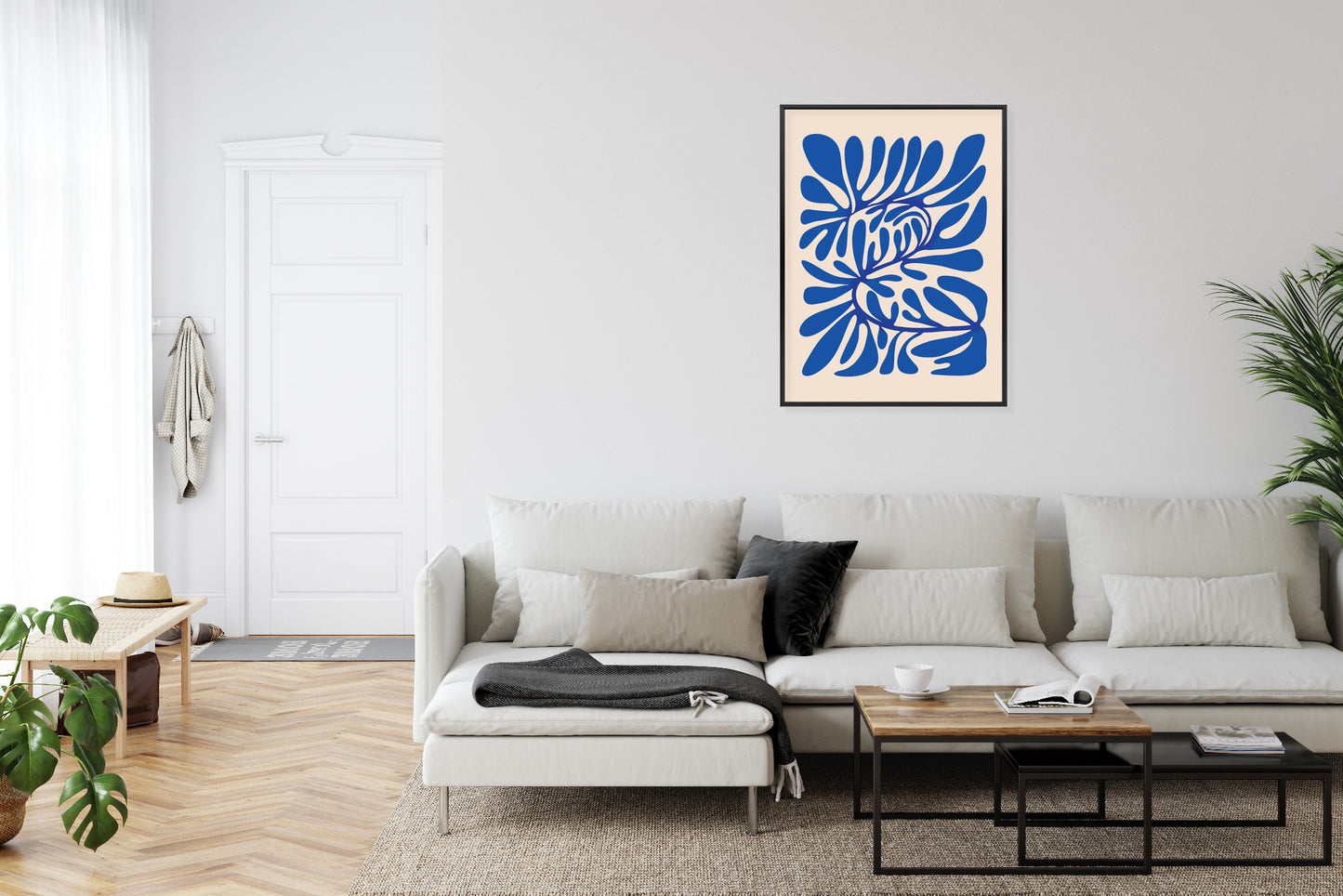 Poster Minimalistisches Blaues Pflanzenmuster Rahmen Holz Mit Passepartout Farbe Natürlich