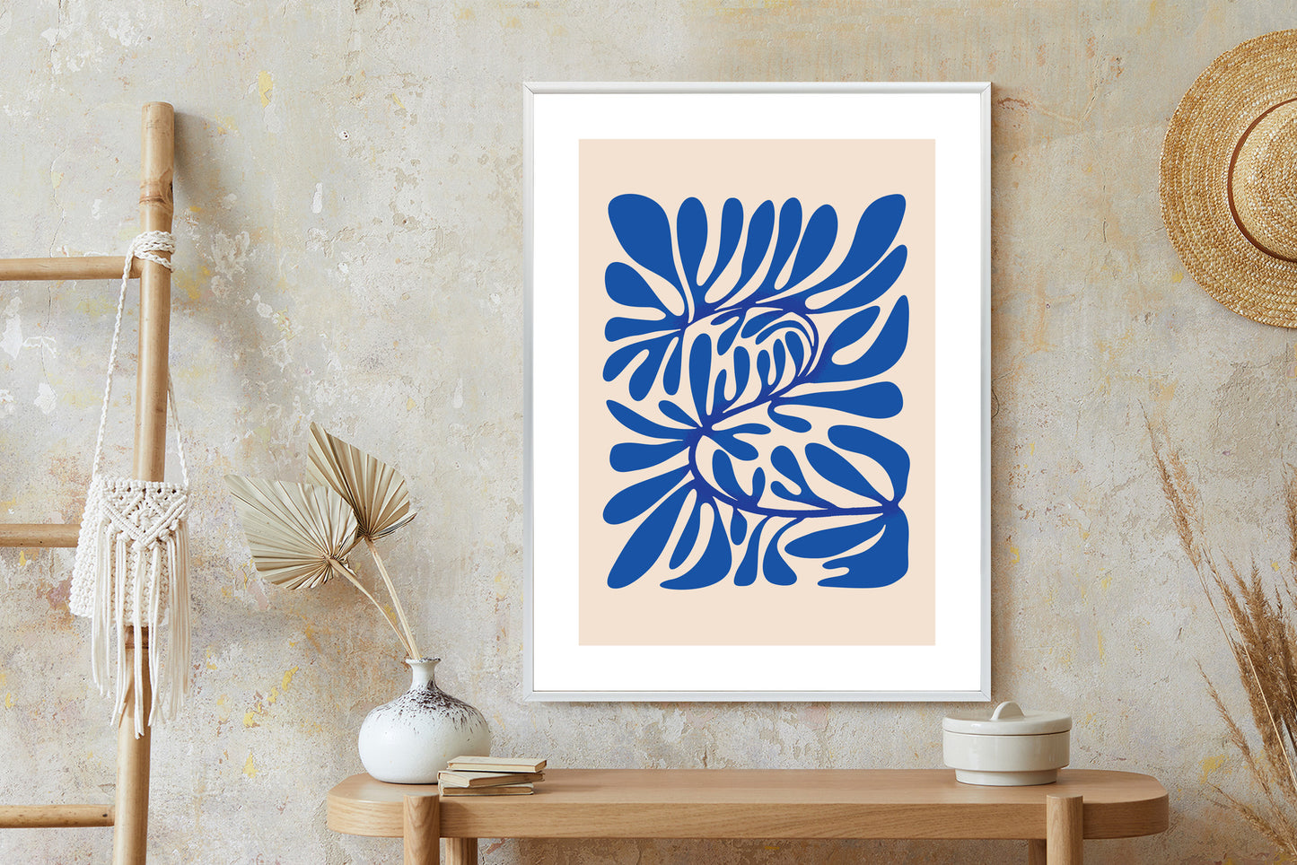 Poster Minimalistisches Blaues Pflanzenmuster Rahmen Holz Mit Passepartout Farbe Natürlich
