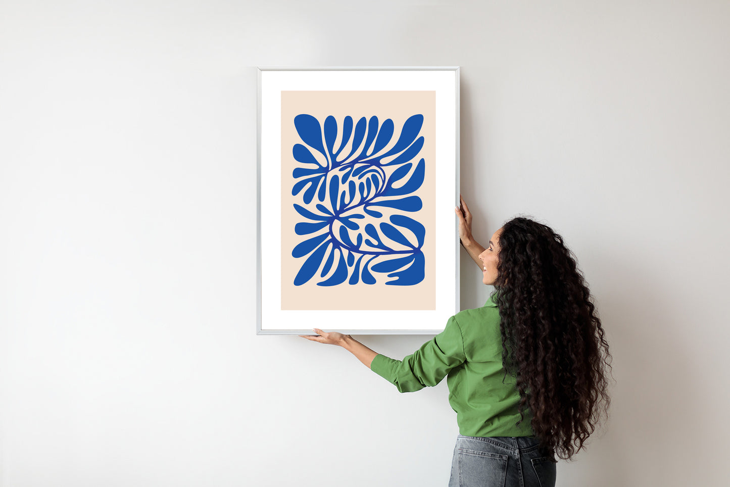 Poster Minimalistisches Blaues Pflanzenmuster Rahmen Holz Mit Passepartout Farbe Natürlich