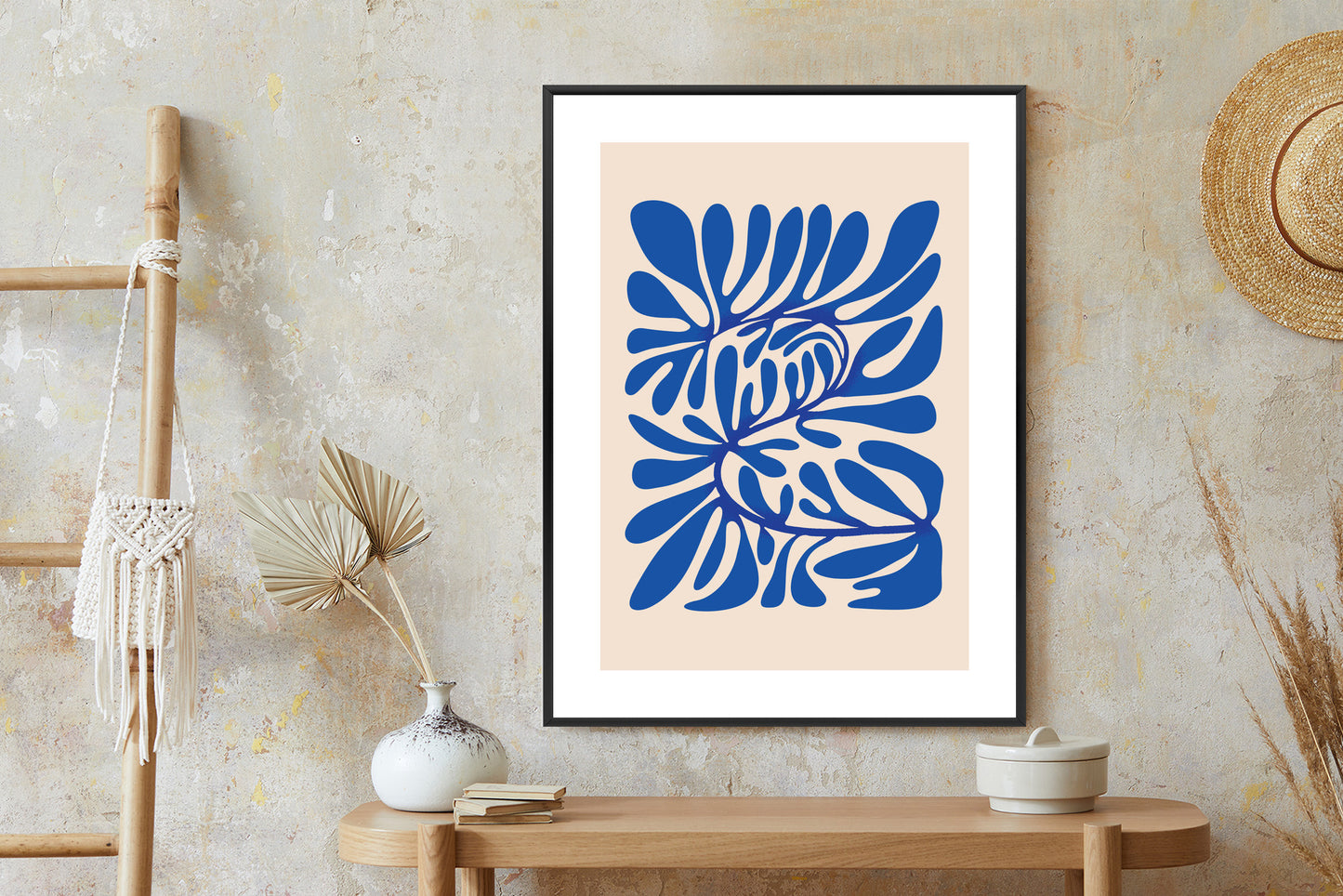 Poster Minimalistisches Blaues Pflanzenmuster Rahmen Holz Mit Passepartout Farbe Natürlich