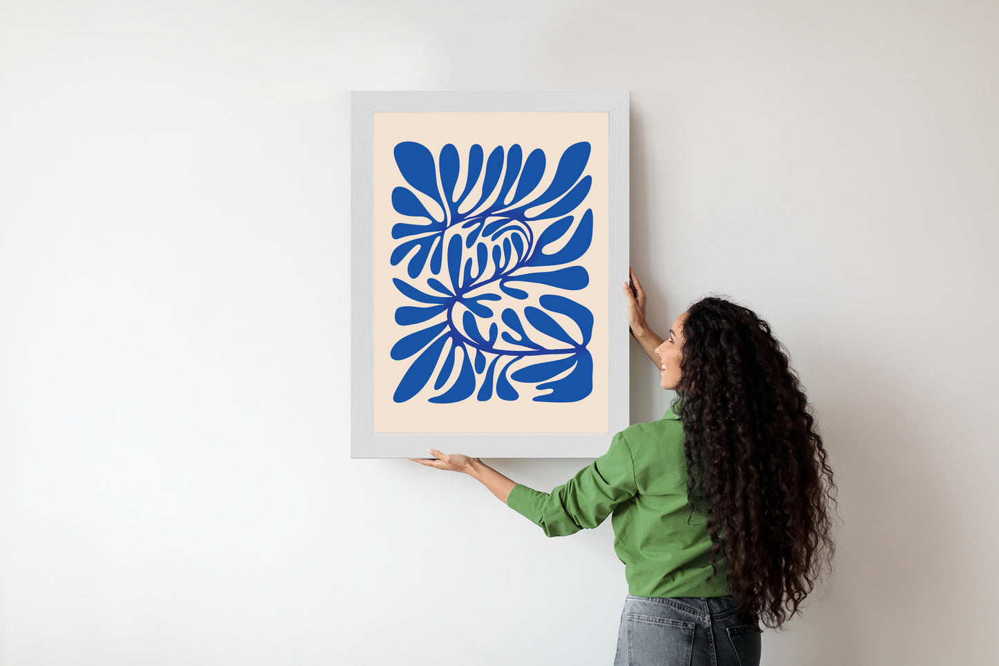 Poster Minimalistisches Blaues Pflanzenmuster Rahmen Holz Mit Passepartout Farbe Natürlich