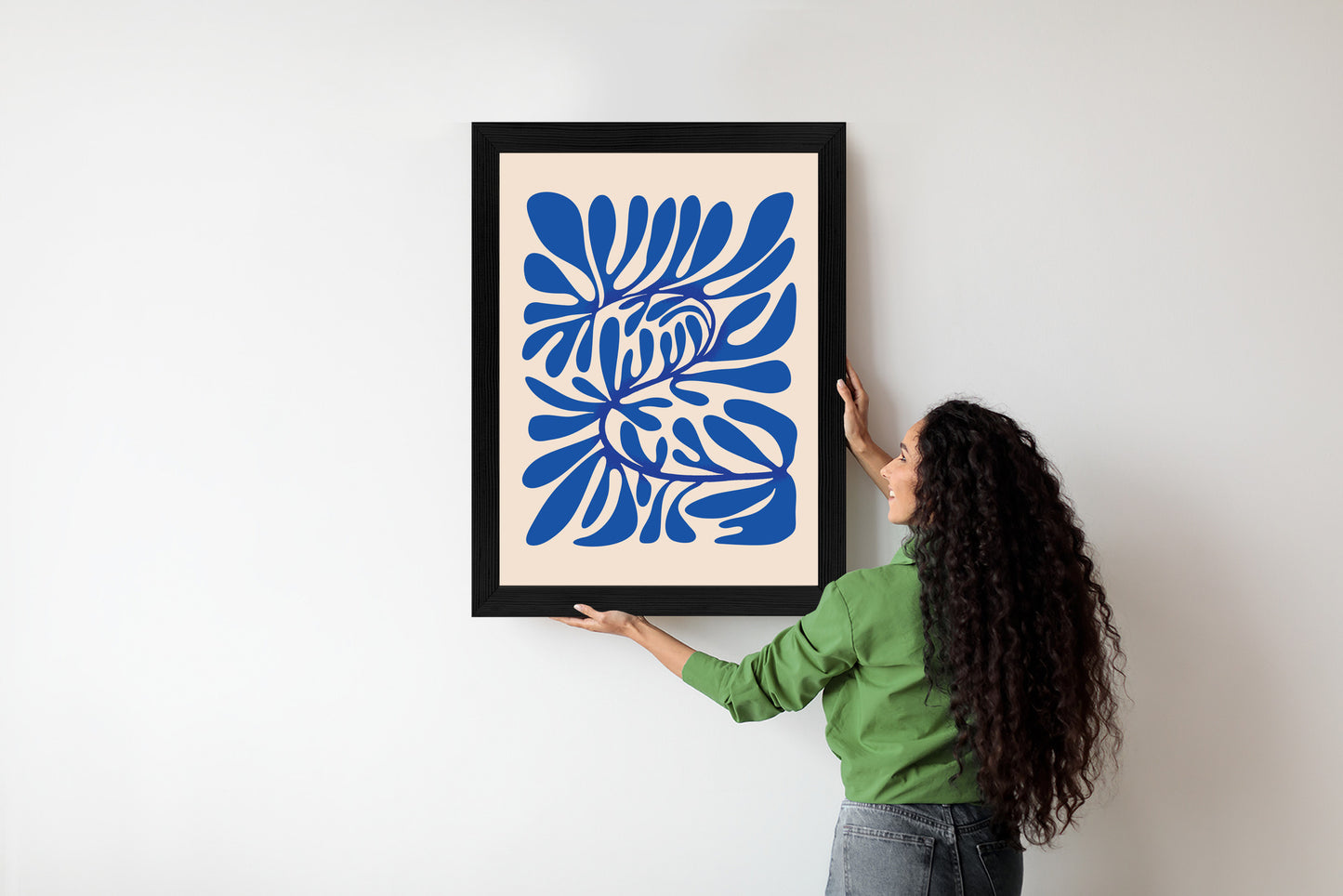 Poster Minimalistisches Blaues Pflanzenmuster Rahmen Holz Mit Passepartout Farbe Natürlich
